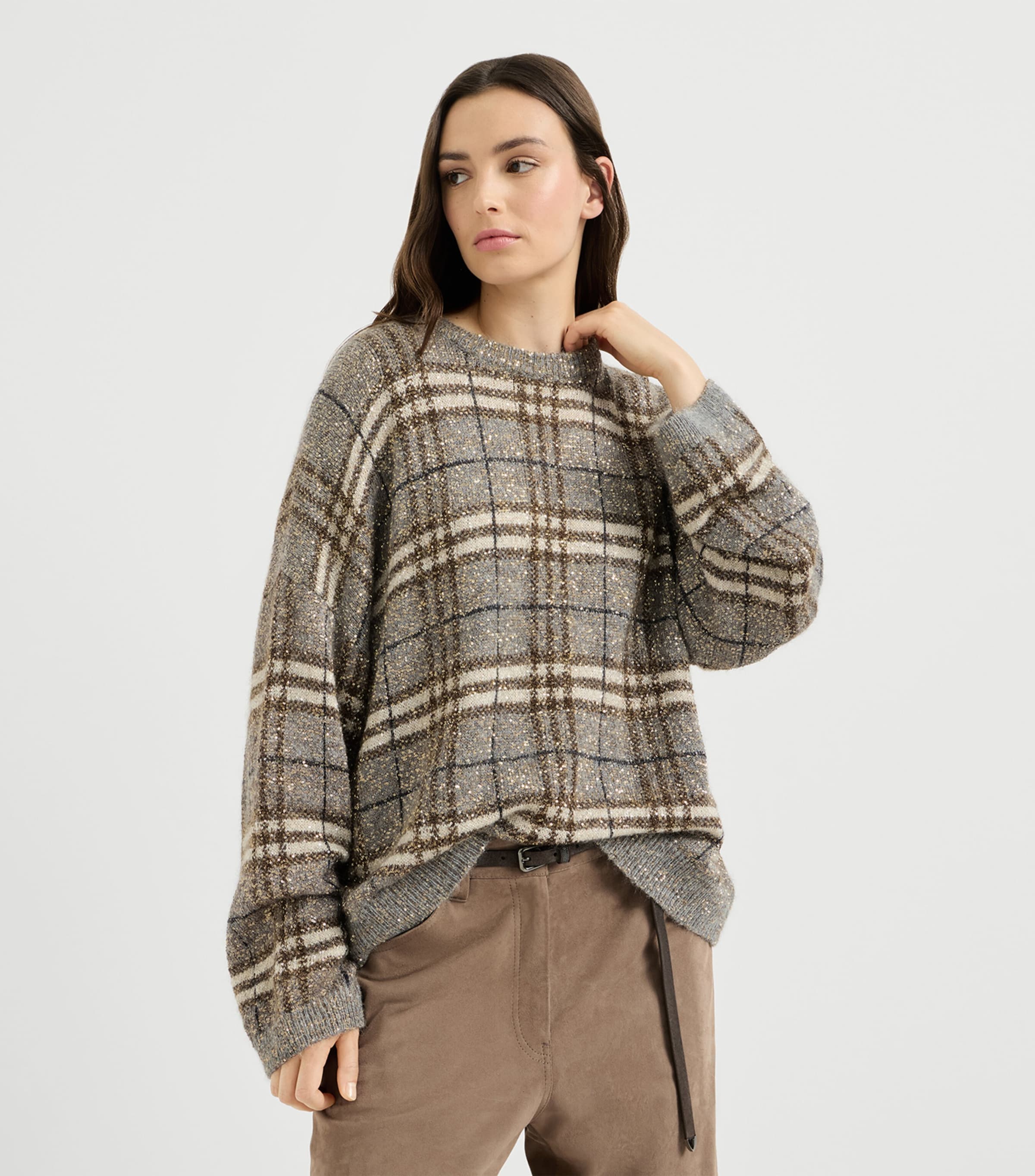 Brunello Cucinelli Womens Sequin Check Sweater Grey+brown Image 2