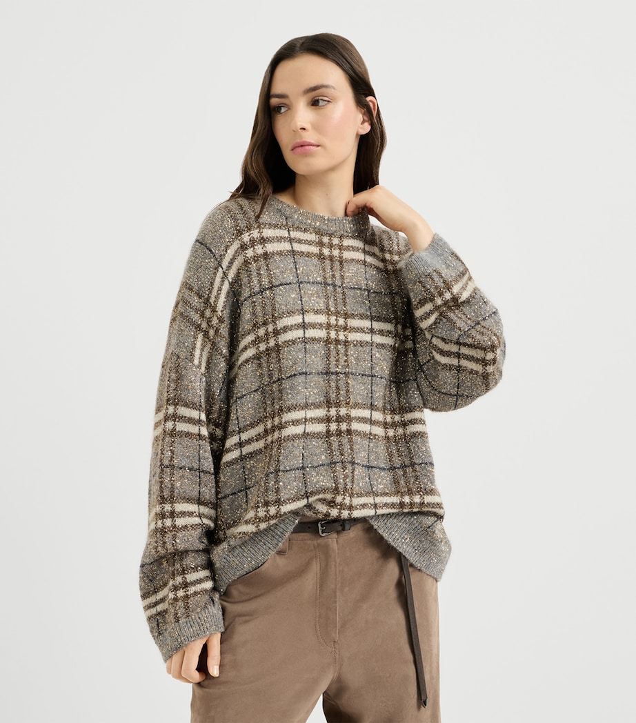 Brunello Cucinelli Womens Sequin Check Sweater Grey+brown Image 2