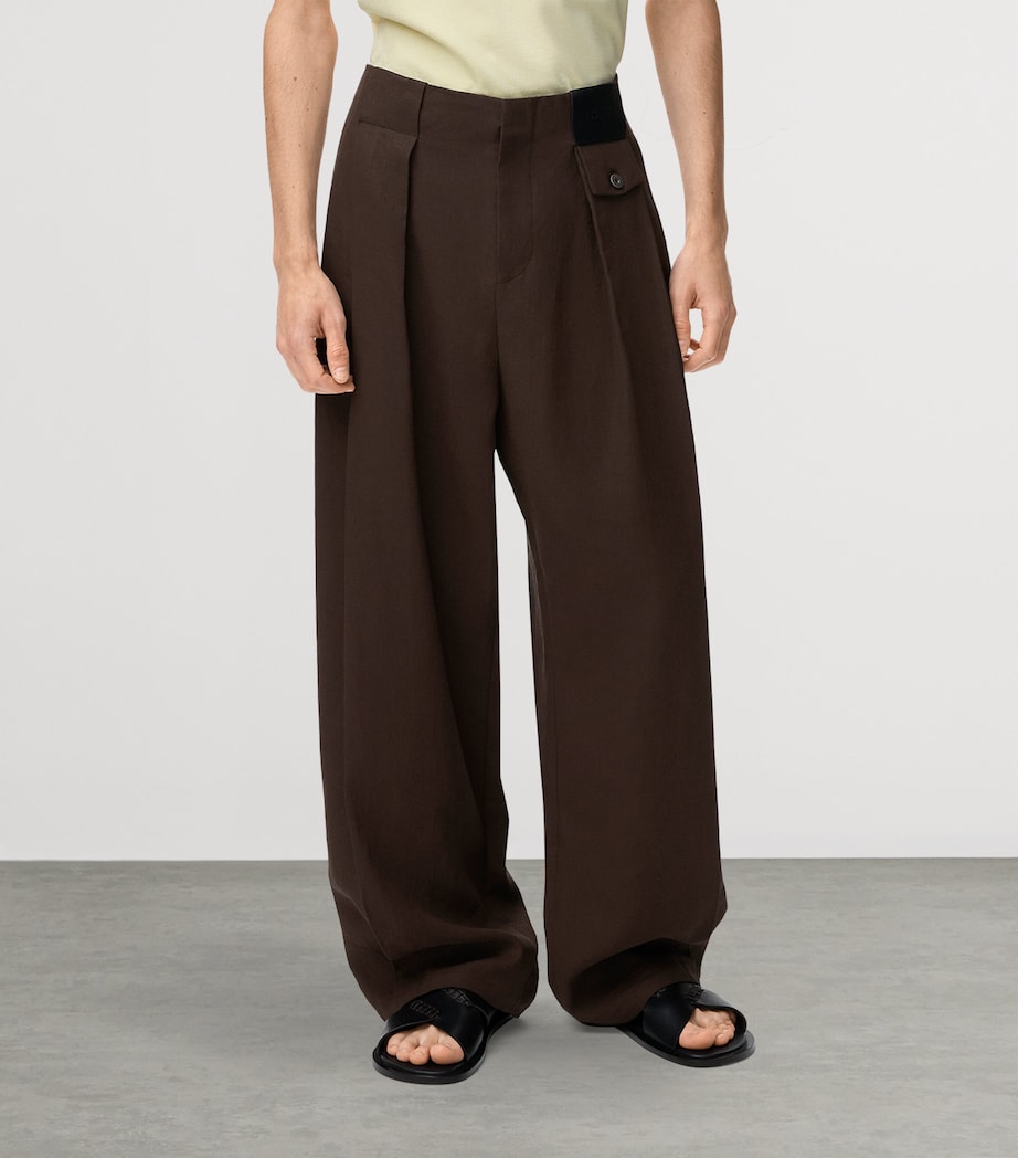 LOEWE Mens x Paula's Ibiza Linen-Cotton Pleated Wide-Leg Trousers Dark Brown/brown Image 3