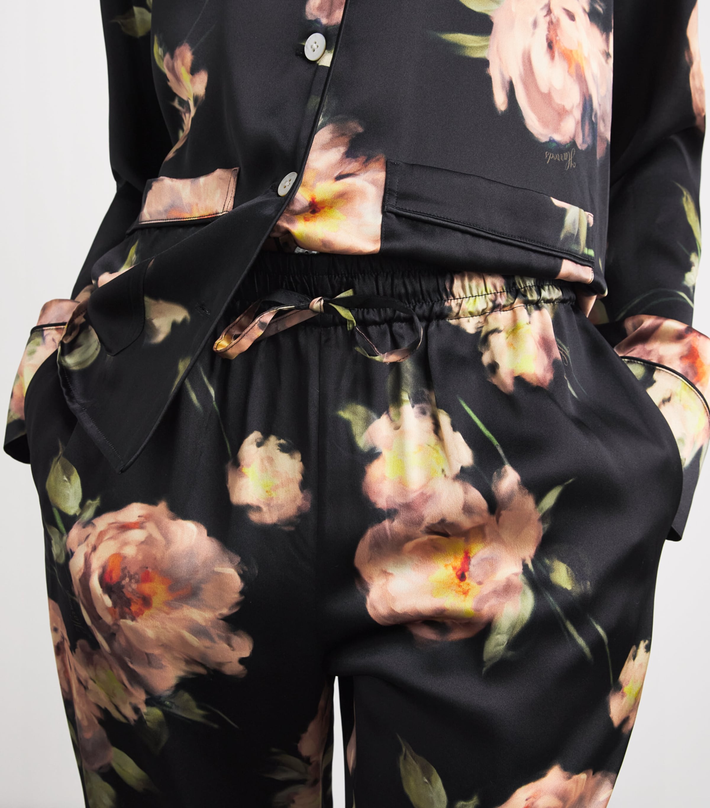 Harrods Womens Silk Midnight Rose Pyjama Set Black Image 3