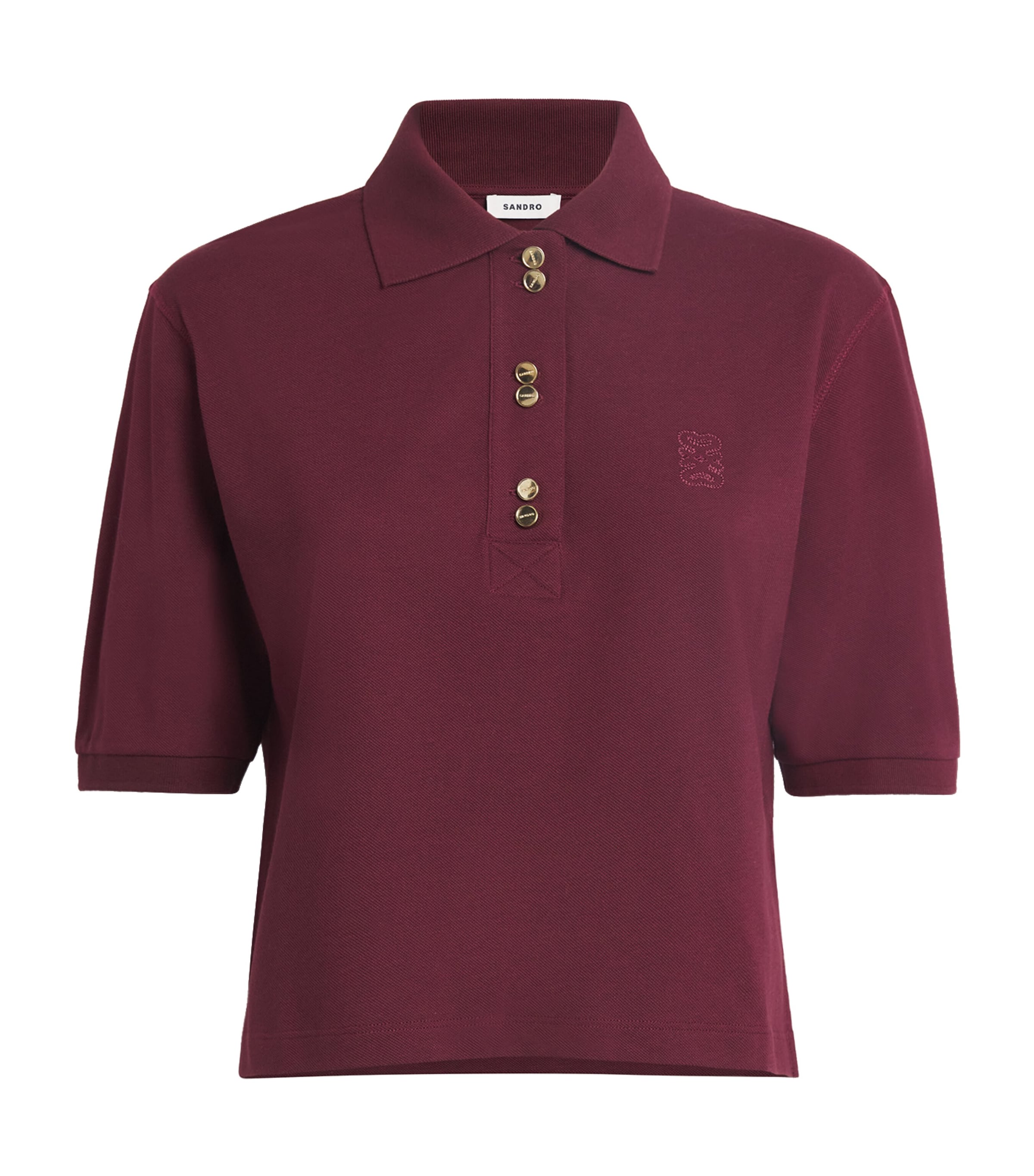 Sandro Womens Bordeaux Button-embellished Embroidered Cotton Polo Shirt In Red