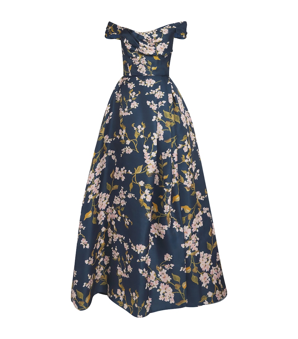 Monique Lhuillier Gazar Floral Off-The-Shoulder Gown Ocean Multi