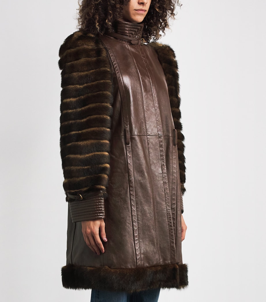 Leather Fur-Trim Coat CHOCOLATE Image 3