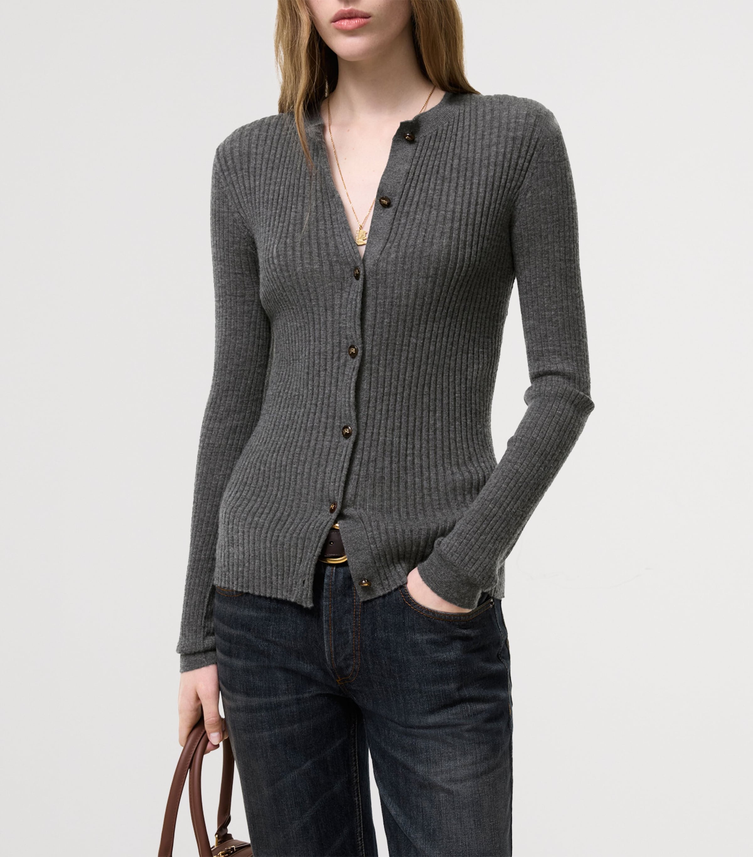 Burberry Womens Cashmere Slim Cardigan Grey Melange Image 2