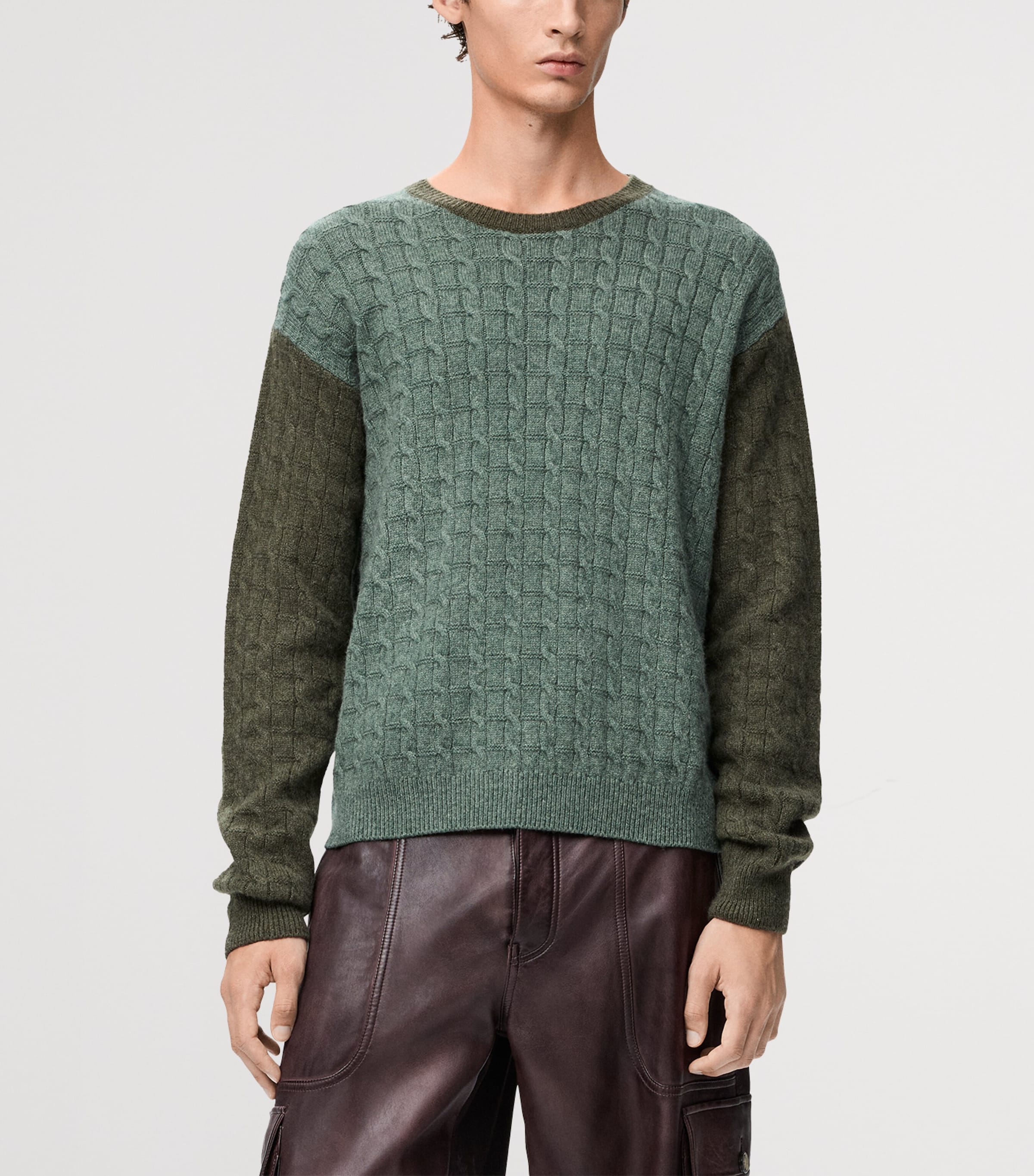 Cashmere-Blend Two-Tone Cable-Knit Sweater LIGHT GREEN Image 3