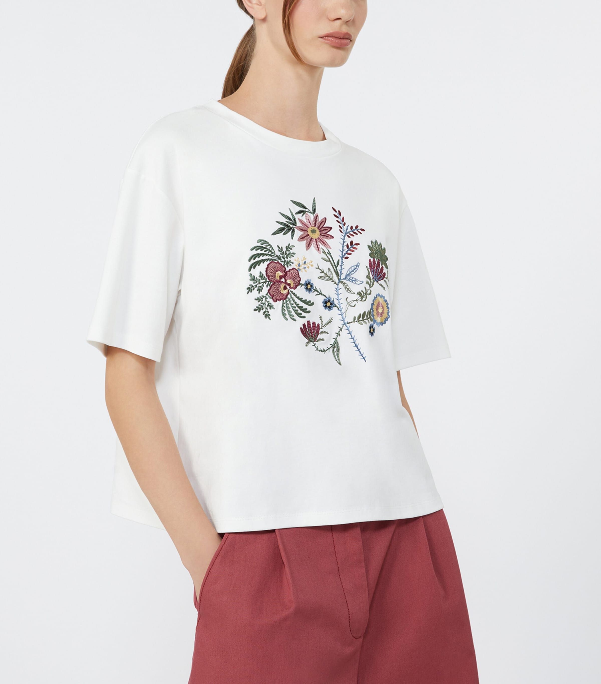 Weekend Max Mara Womens Cotton Floral-Embroidered T-Shirt White Image 4