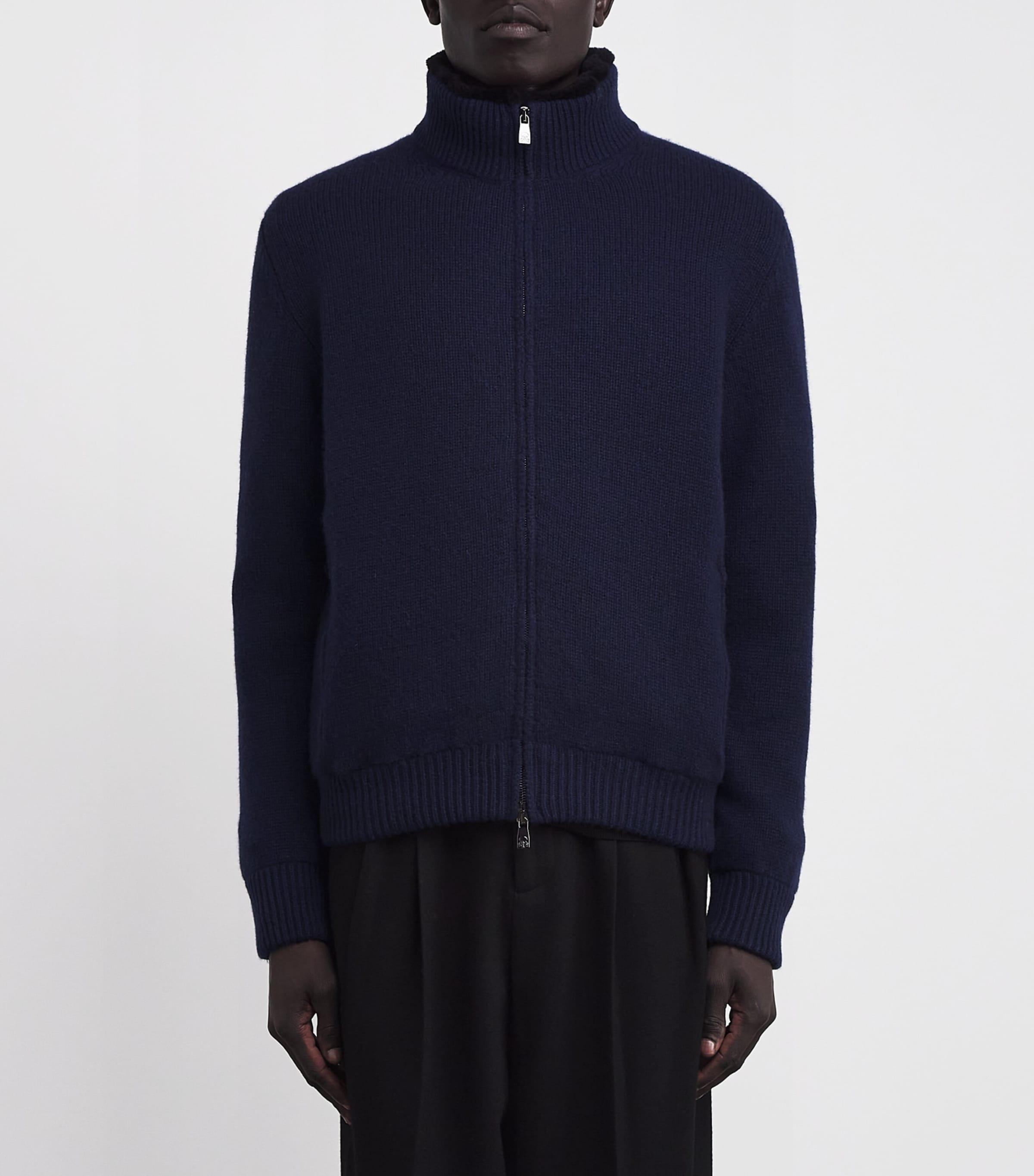 Cashmere Fur-Lined Zip-Up Cardigan 001 NAVY BLUE Image 3