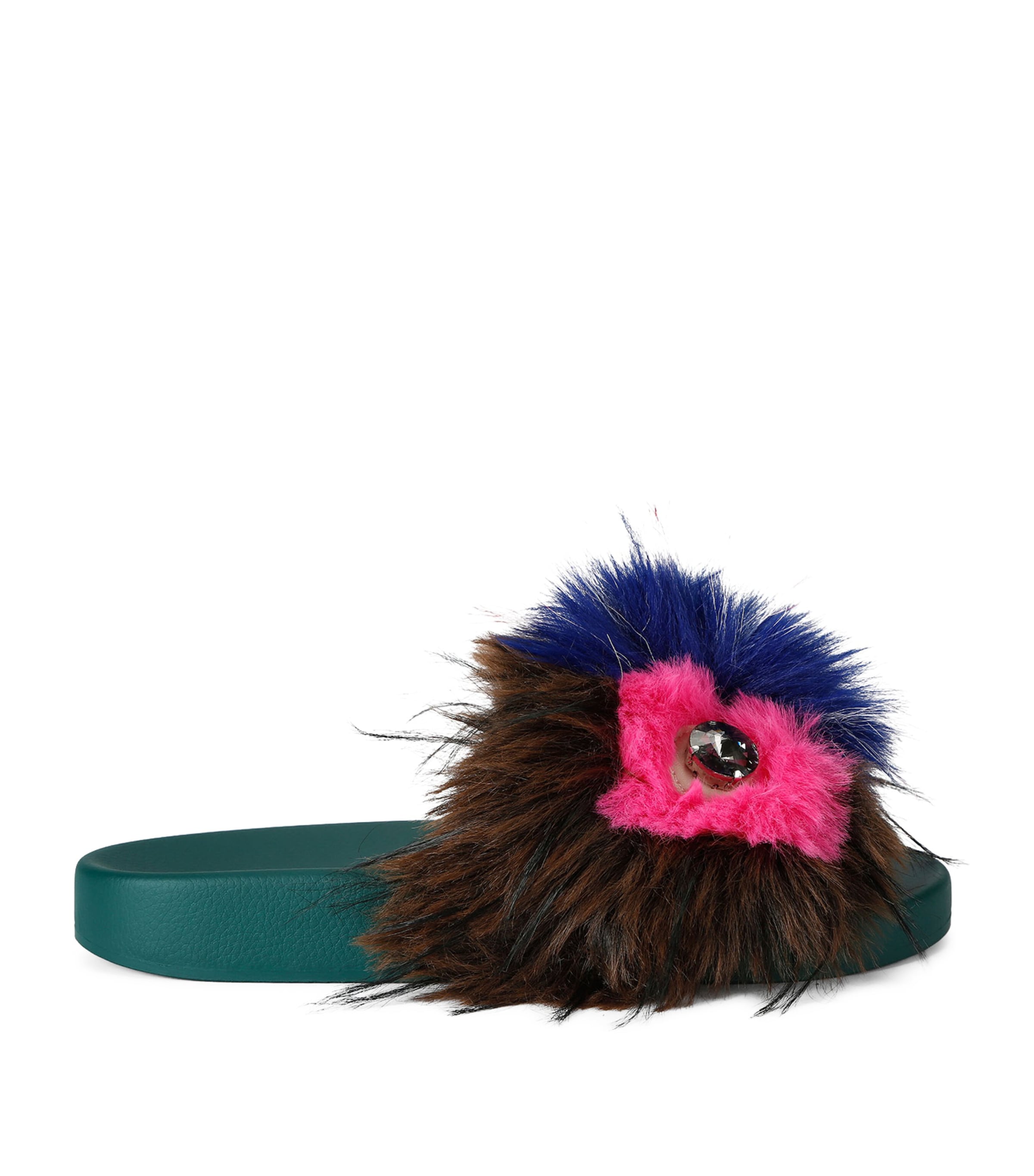 Kurt Geiger London Faux Fur Meena Slides Green Comb Image 1