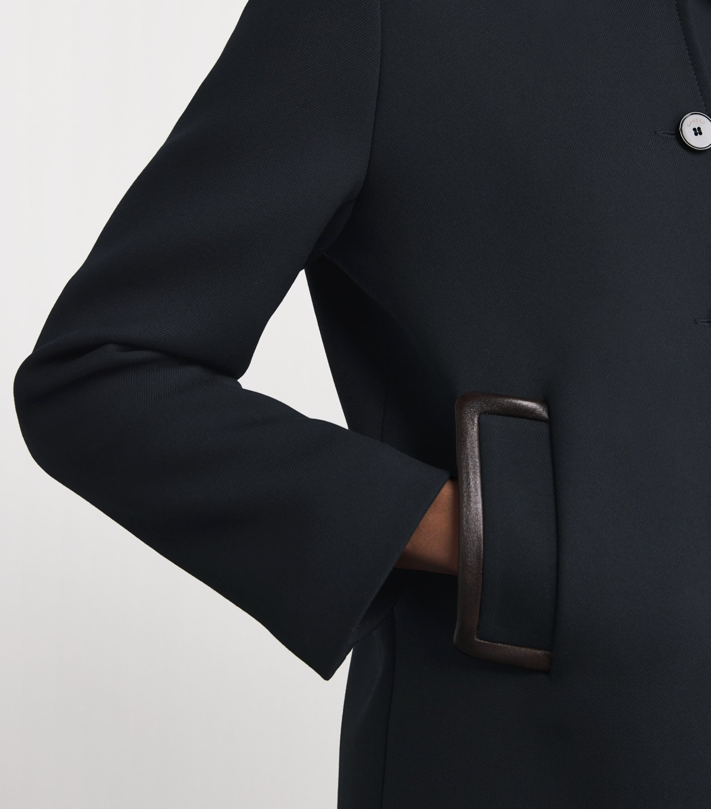 Twill Leather-Trim Coat NAVY BLUE Image 6