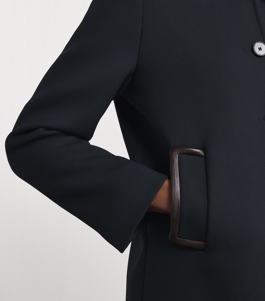 Twill Leather-Trim Coat NAVY BLUE Image 6