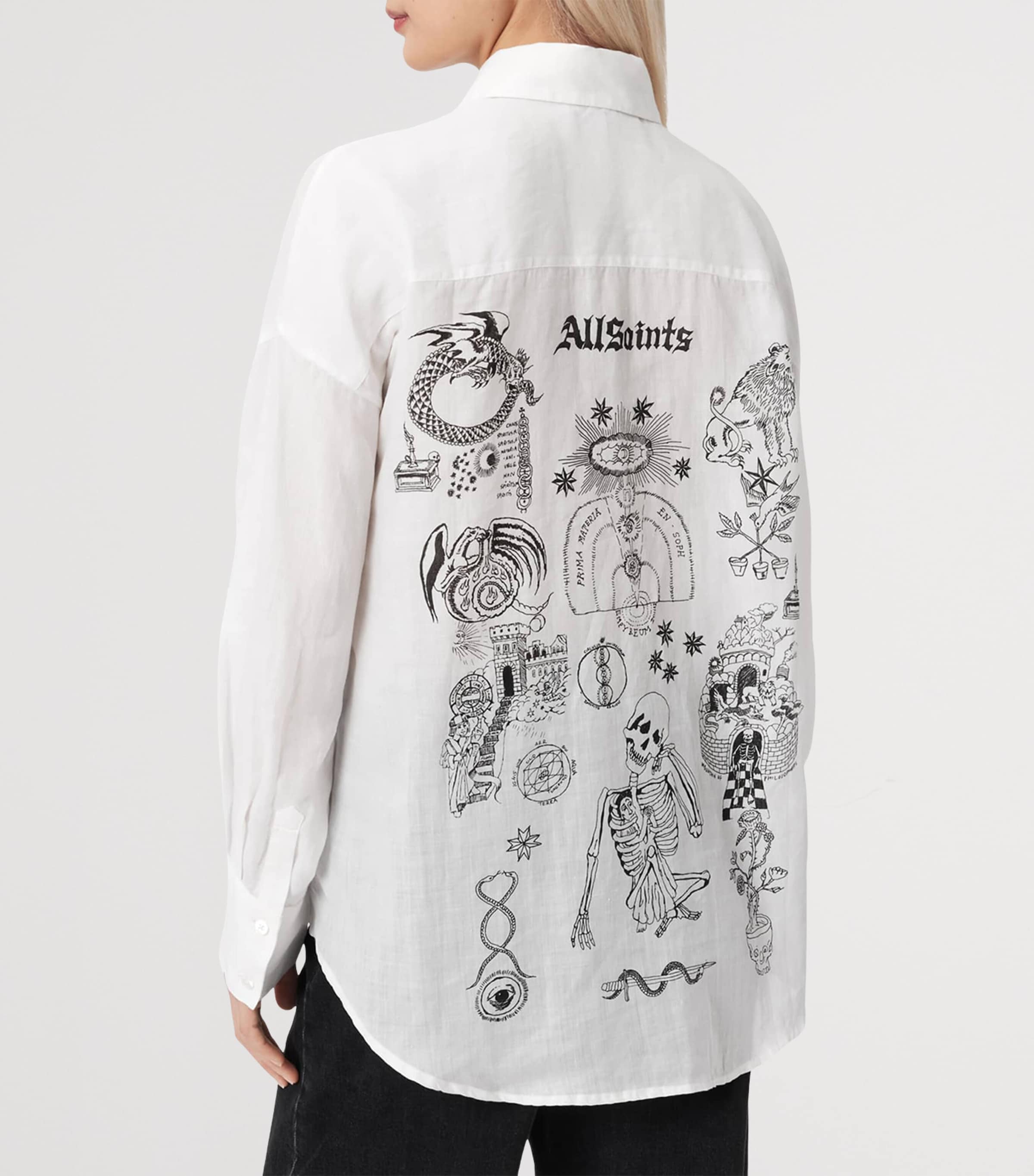 AllSaints Womens Linen Printed Sparrow Shirt White Image 4