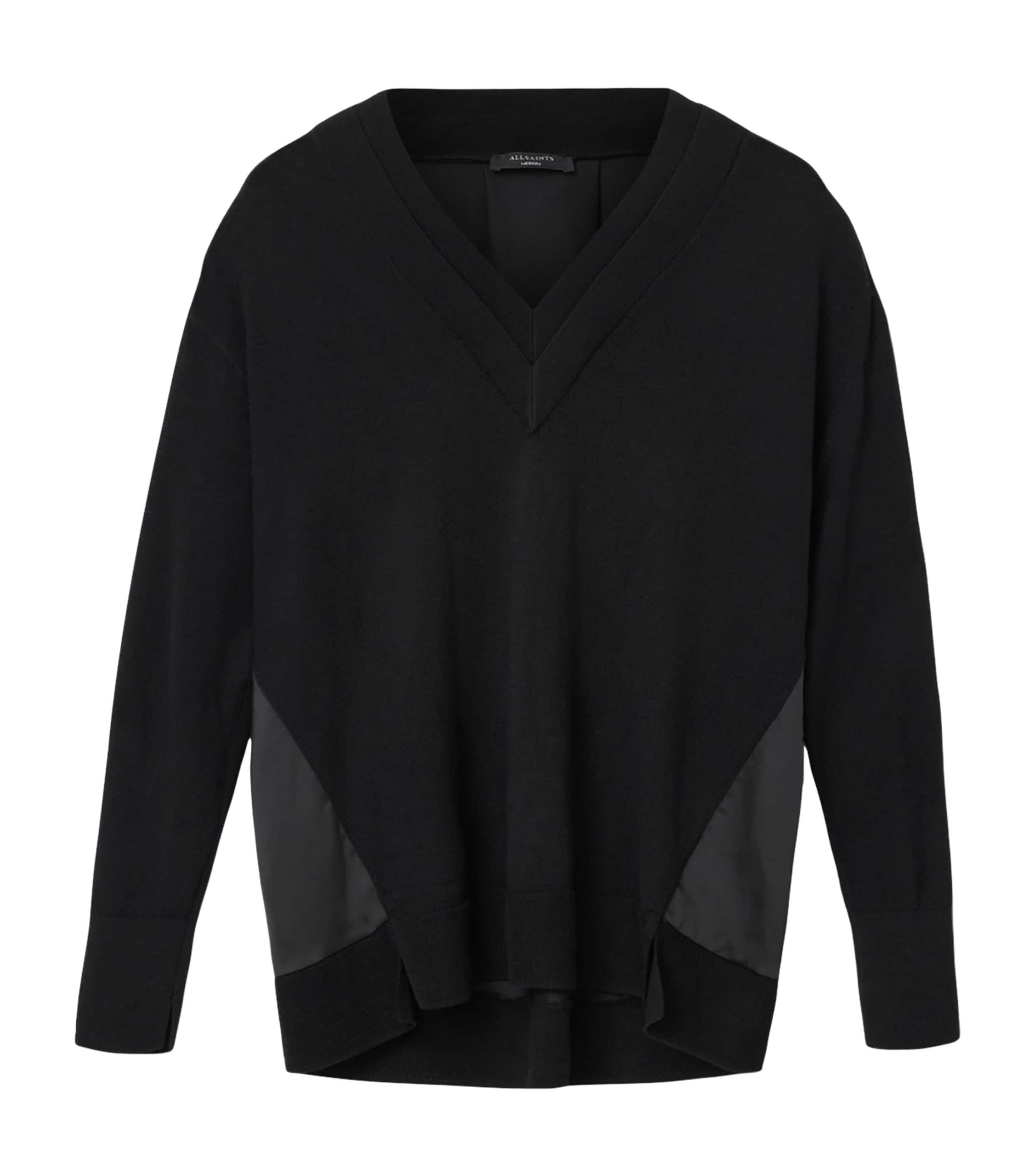 Allsaints Womens Black Bern V-neck Contrast-panel Merino-wool Jumper In Black