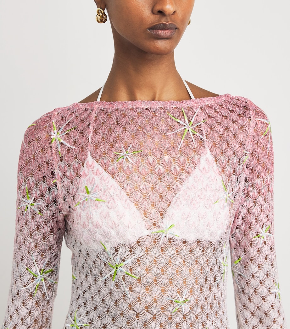 Metallic-Trim Embroidered Midi Dress SMSMF PINK/RED/GREEN Image 4