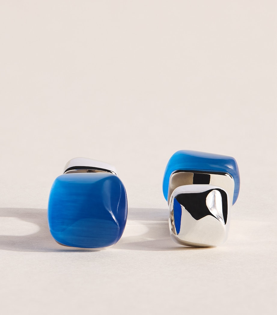 Babette Wasserman Rhodium-Plated Catseye Twist Square Cufflinks Light Blue Image 1
