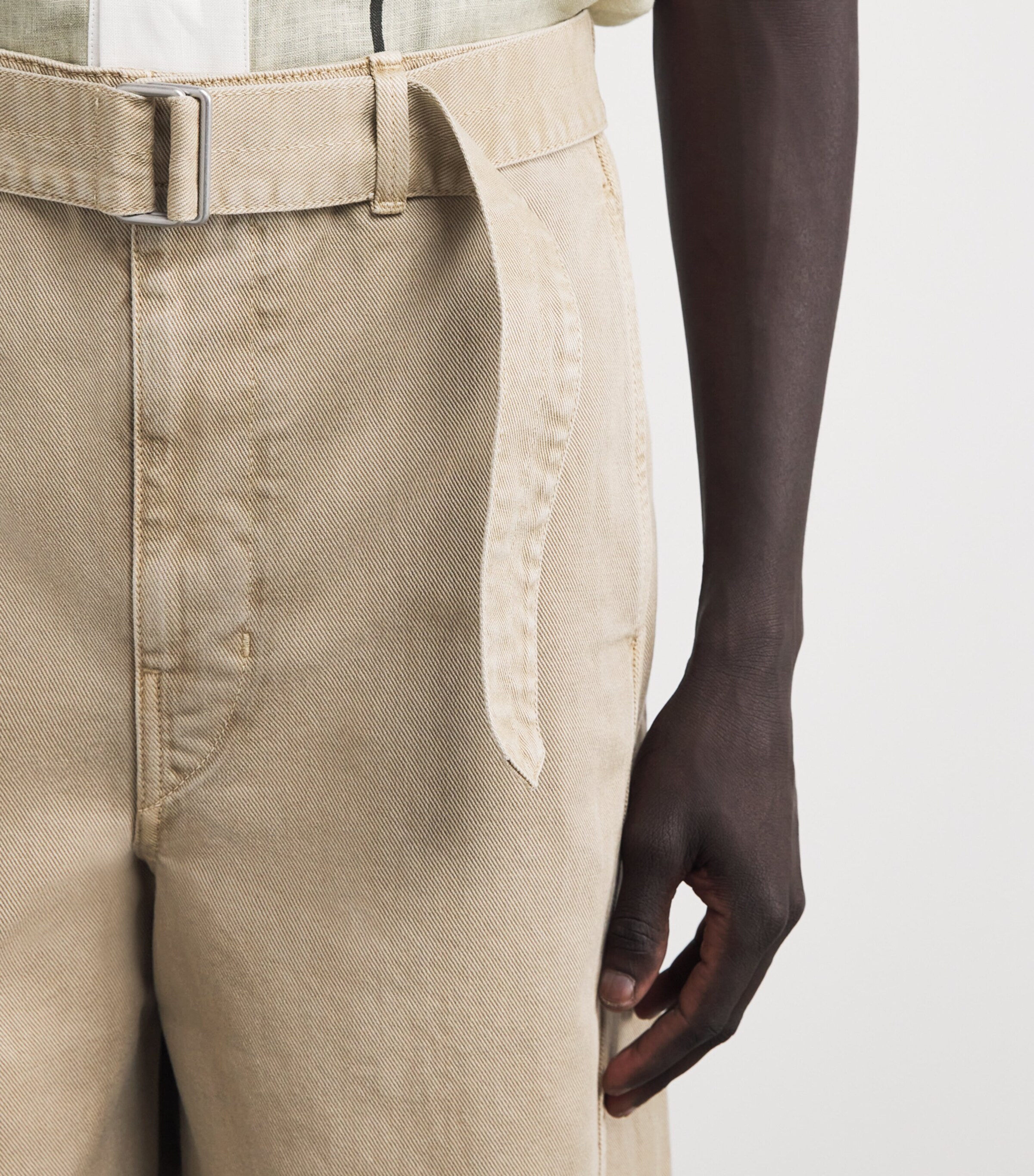 Lemaire Mens Denim Belted Twisted Shorts Beige Image 6
