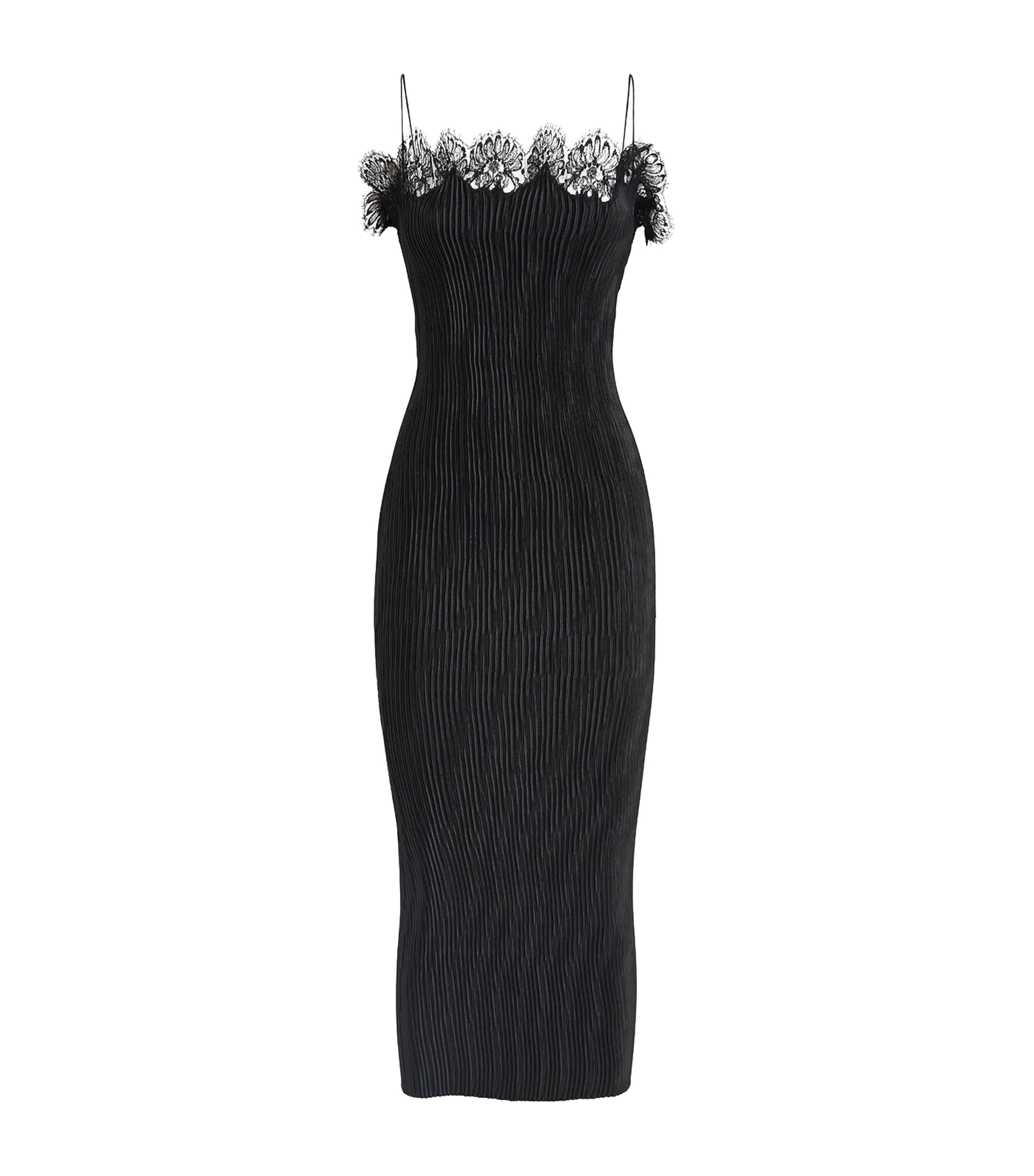 Fforme Plissé Lace-trim Lumi Midi Dress In Black