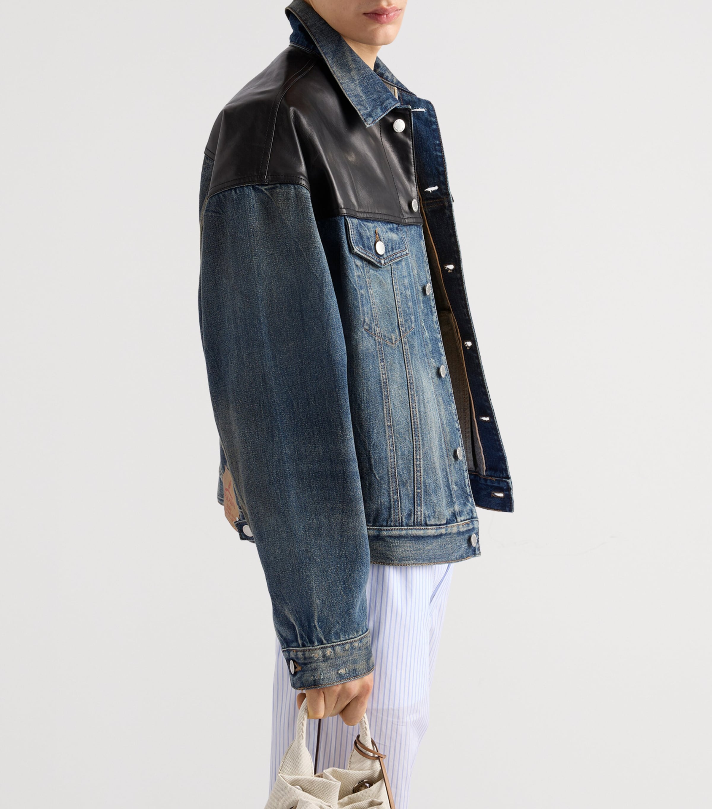 Prada Leather-Detail Denim Jacket | Harrods UK