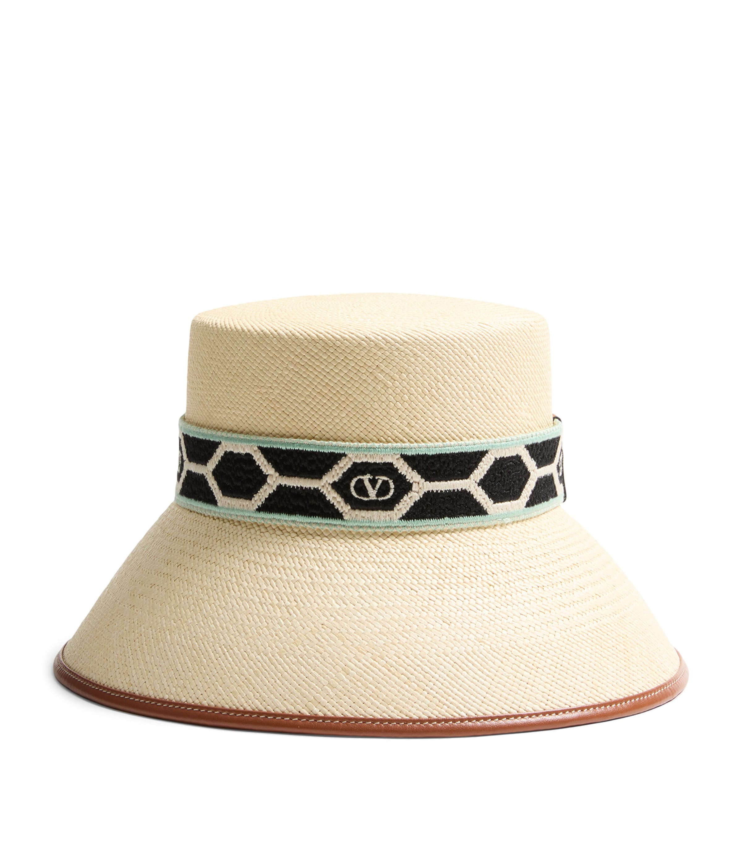 Valentino Embroidered Band Straw Bucket Hat In White