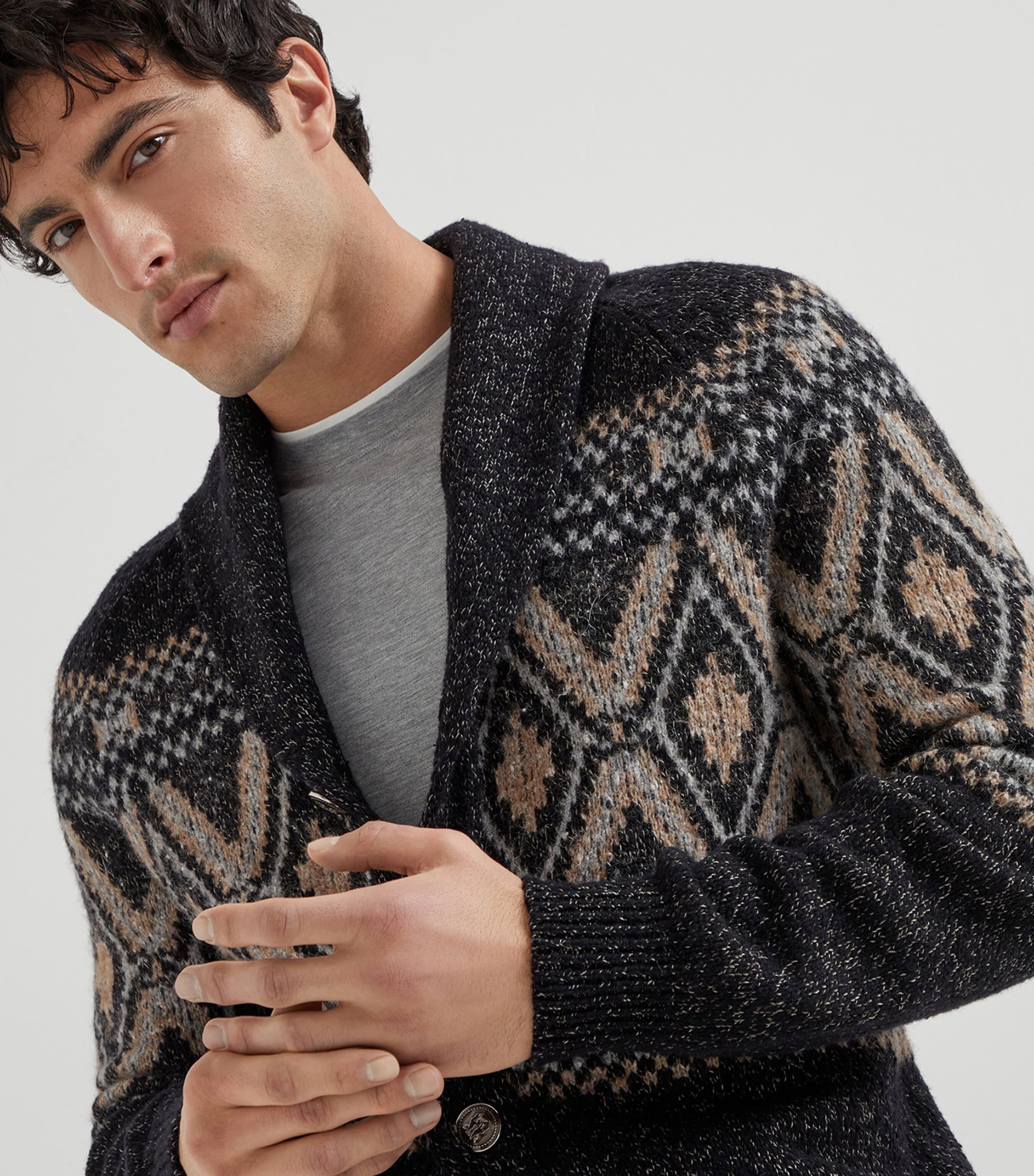 Mouliné Virgin Wool-Silk-Cashmere Jacquard Cardigan CUL12 Image 7