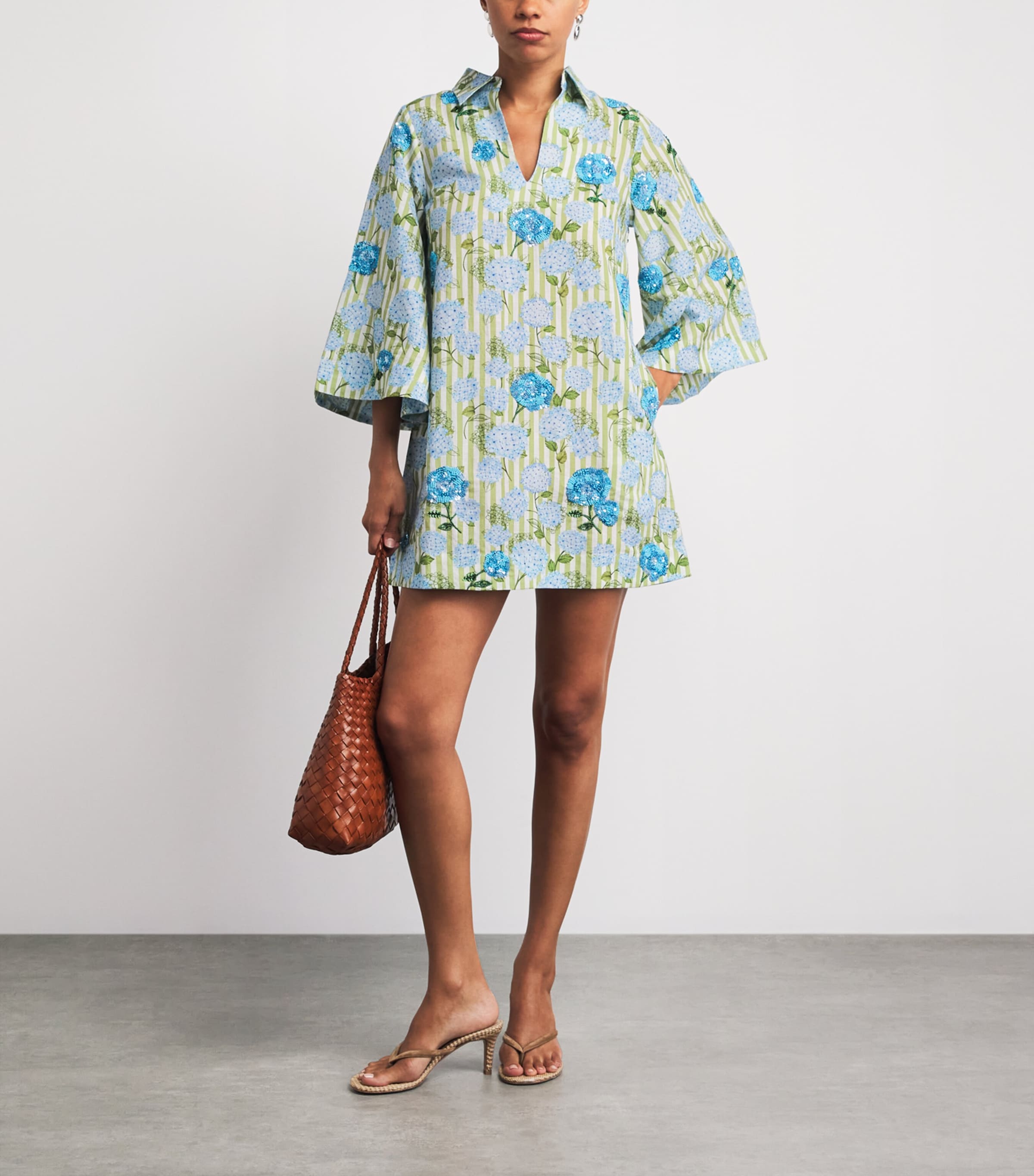 Verandah Womens Embellished Hydrangea Mini Tunic Dress Iv & Grn Hydr Stripe Image 2