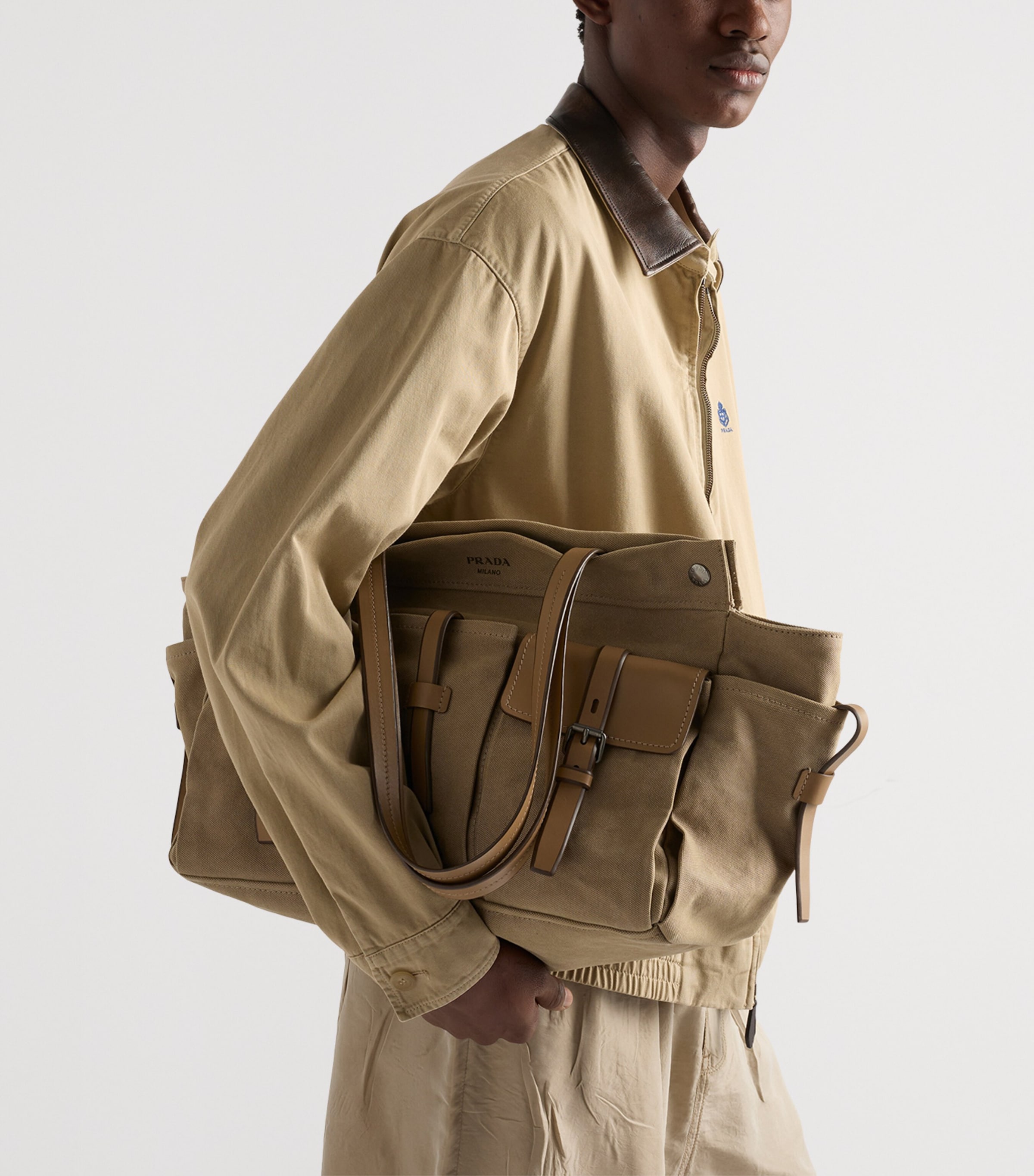 Prada Cotton-Leather Route Tote Bag Neutral Image 3