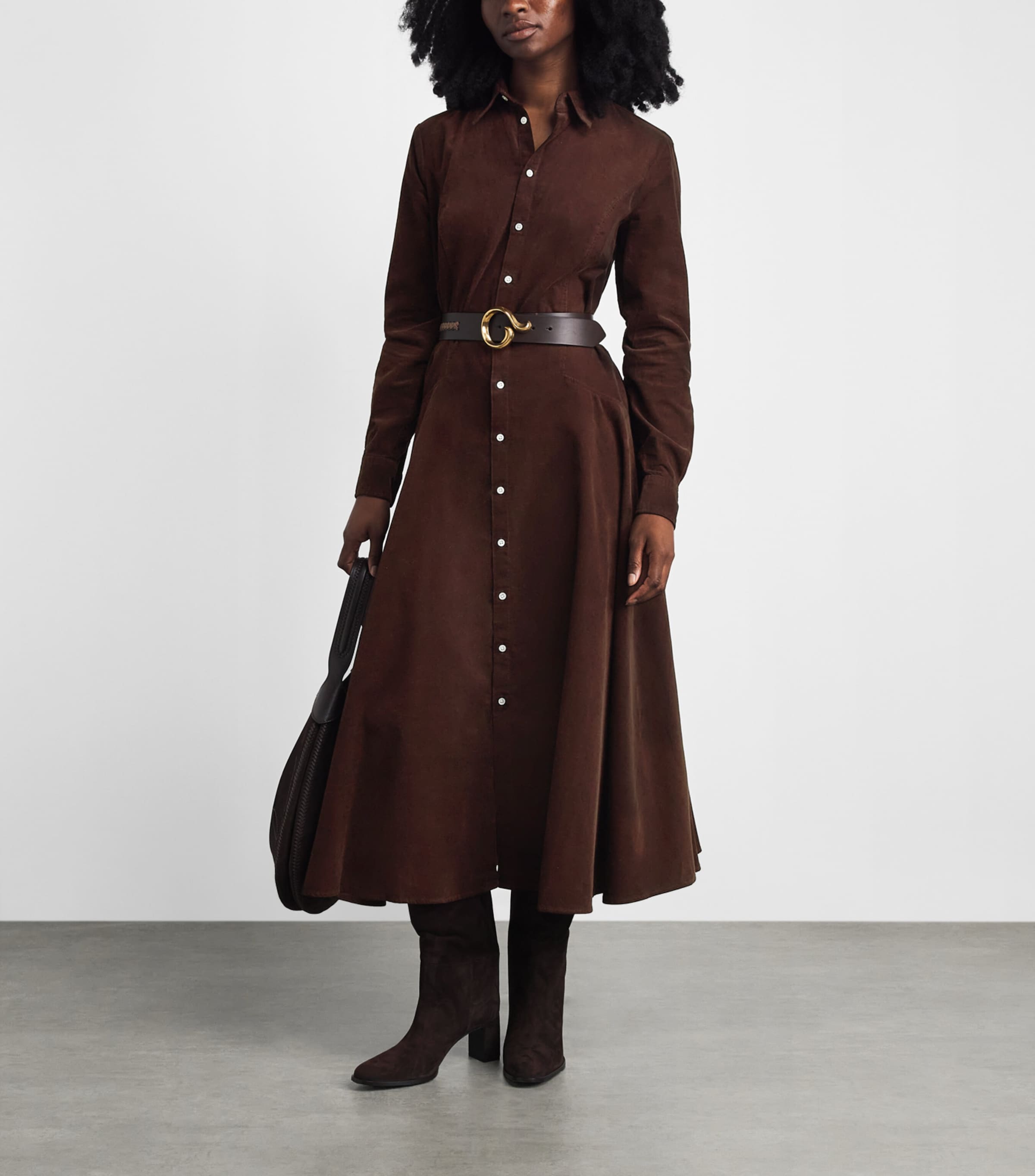 Polo Ralph Lauren Womens Cotton Corduroy Midi Shirt Dress Brown Image 2