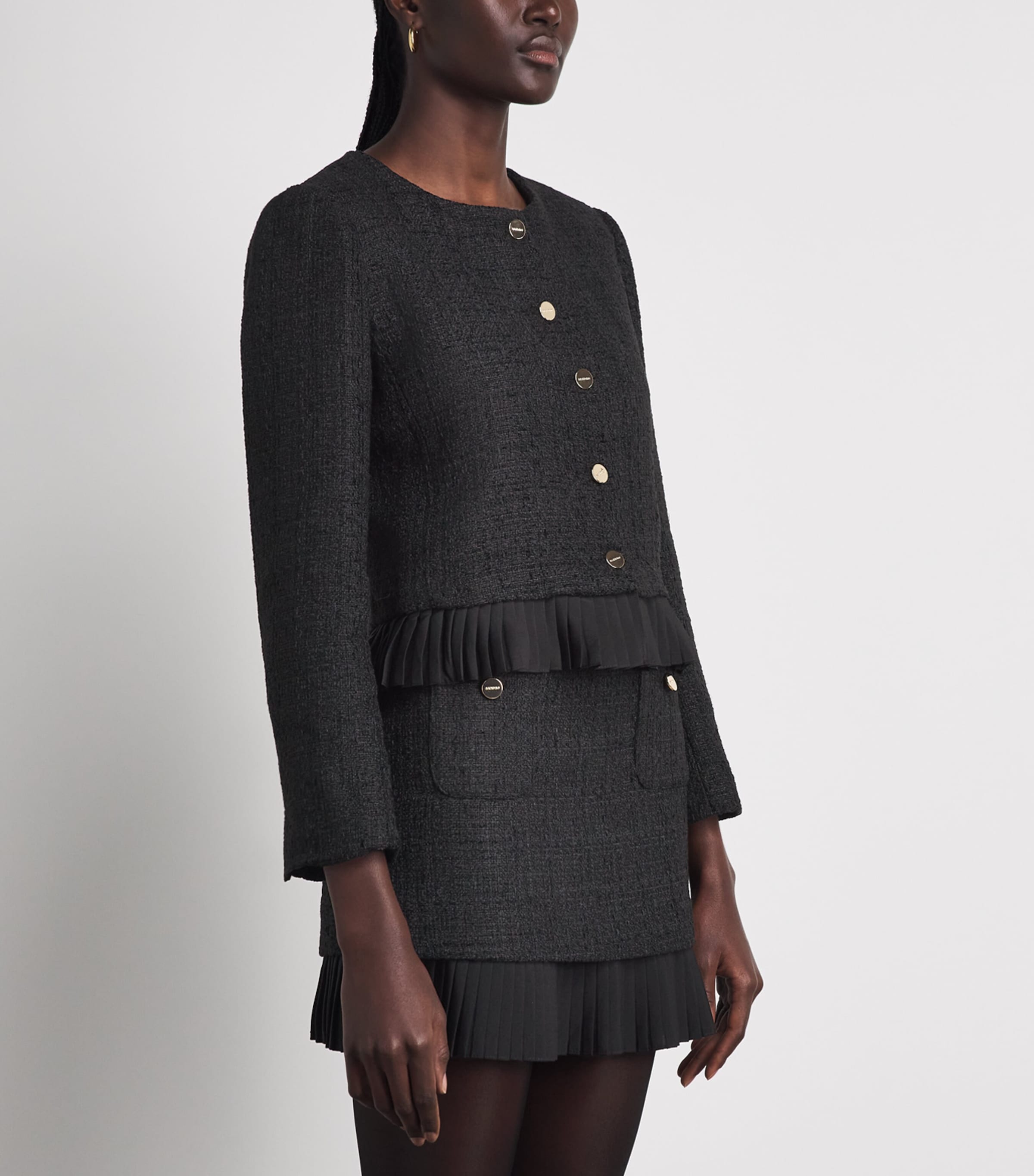 Sandro Paris Womens Tweed Ruffle-Trim Jacket Black Image 4