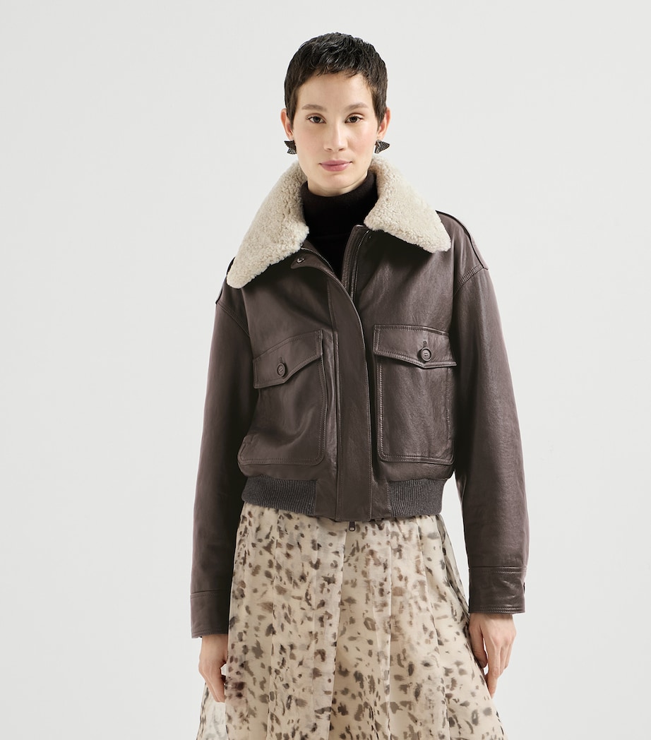 Brunello Cucinelli Womens Nappa Leather Shearling Collar Aviator Jacket Coffee Image 4