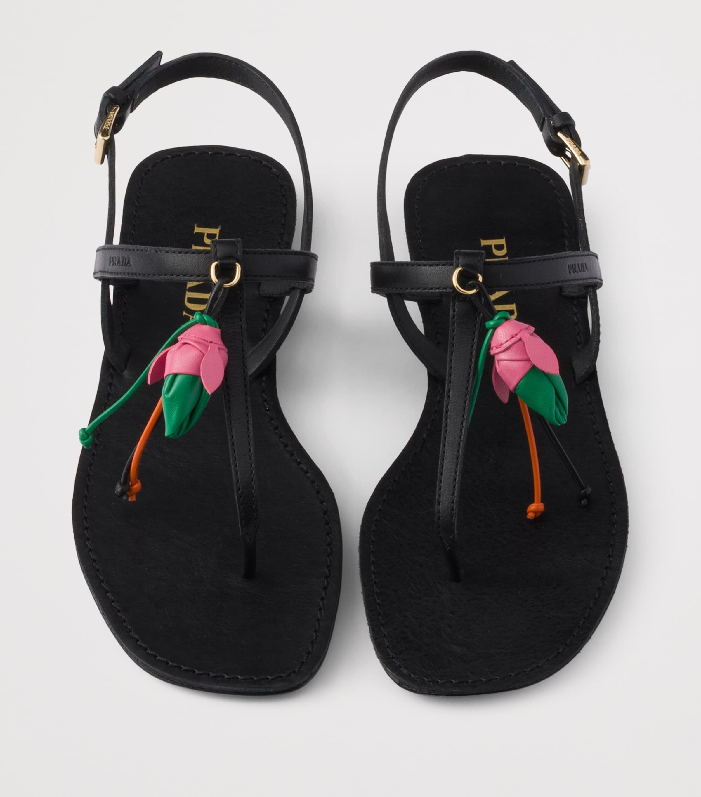Prada Antiqued Leather Floral Thong Sandals Black Image 3