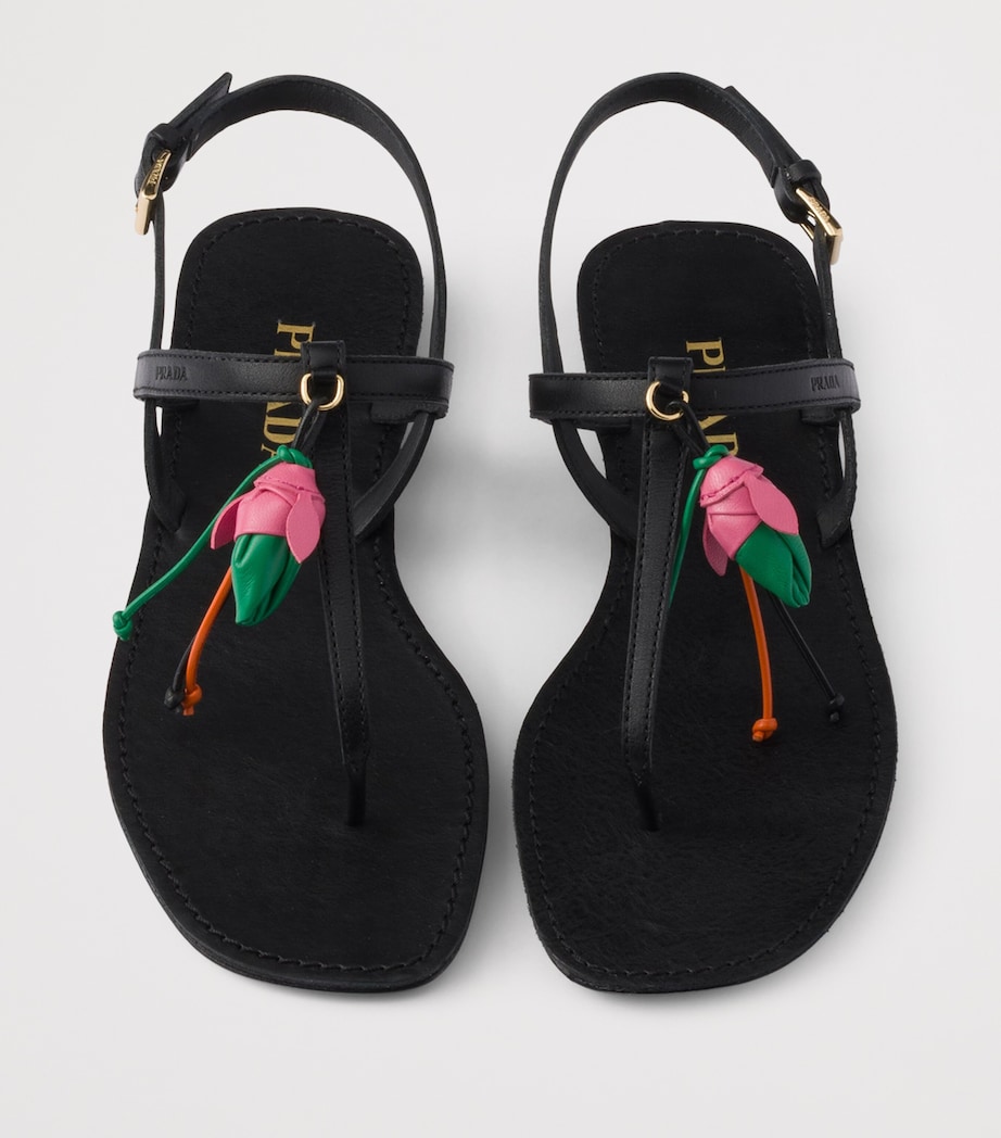 Prada Antiqued Leather Floral Thong Sandals Black Image 3