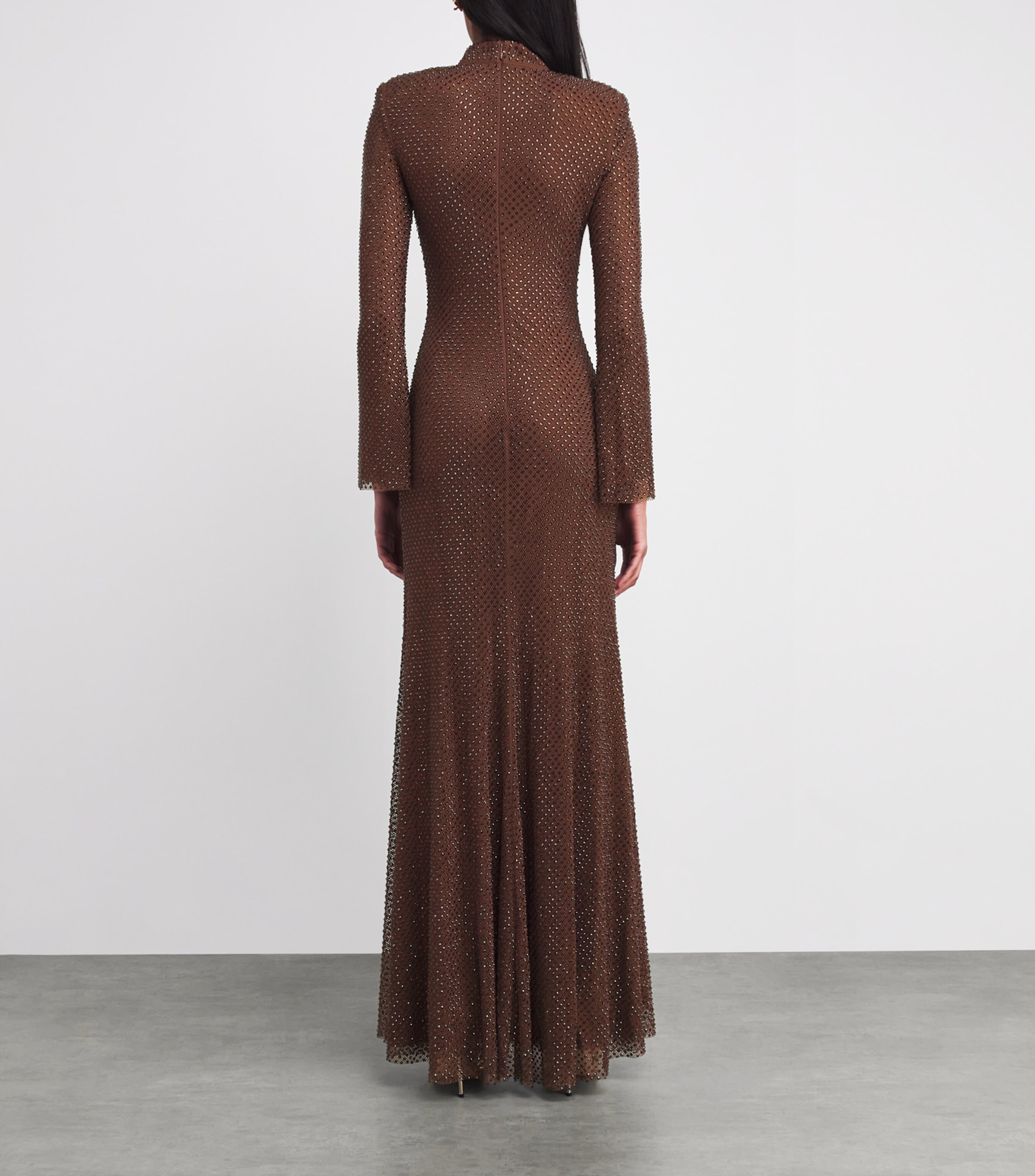 Mesh Rhinestone-Embellished Maxi Dress BROWN Image 3