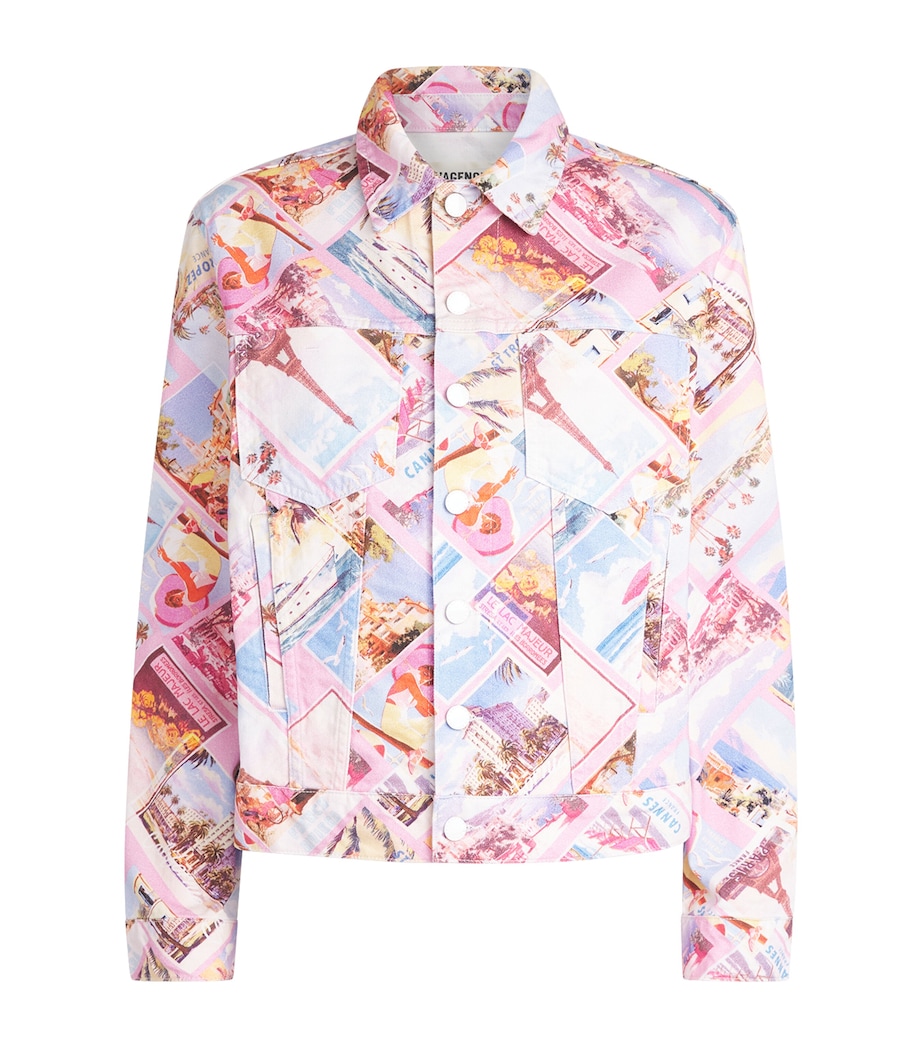 L'Agence Womens Printed Joey Denim Jacket Lp Lt Postcard Print Image 1