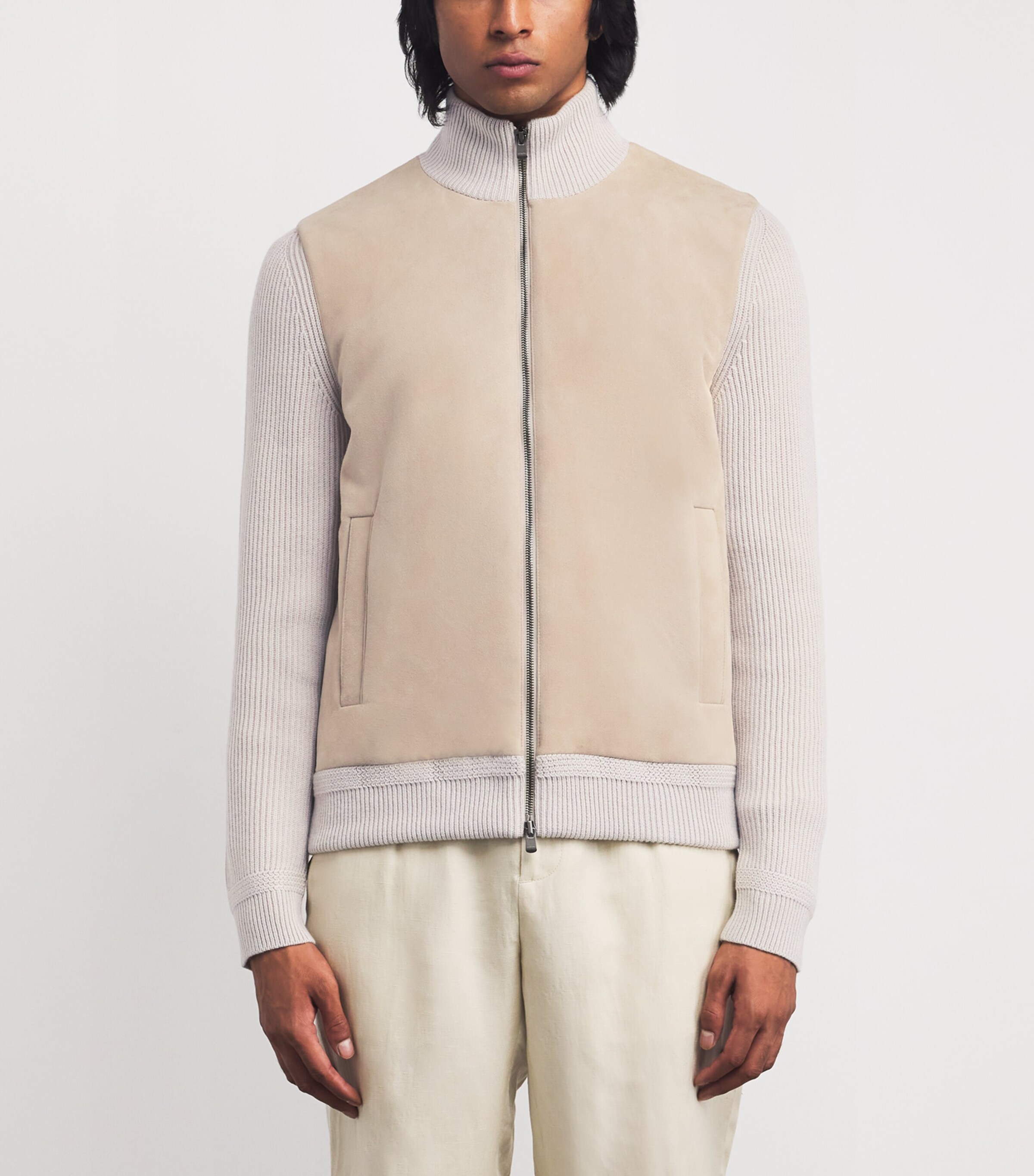 Agnona Mens Cashmere Suede-Front Bomber Jacket Beige Moon Image 3