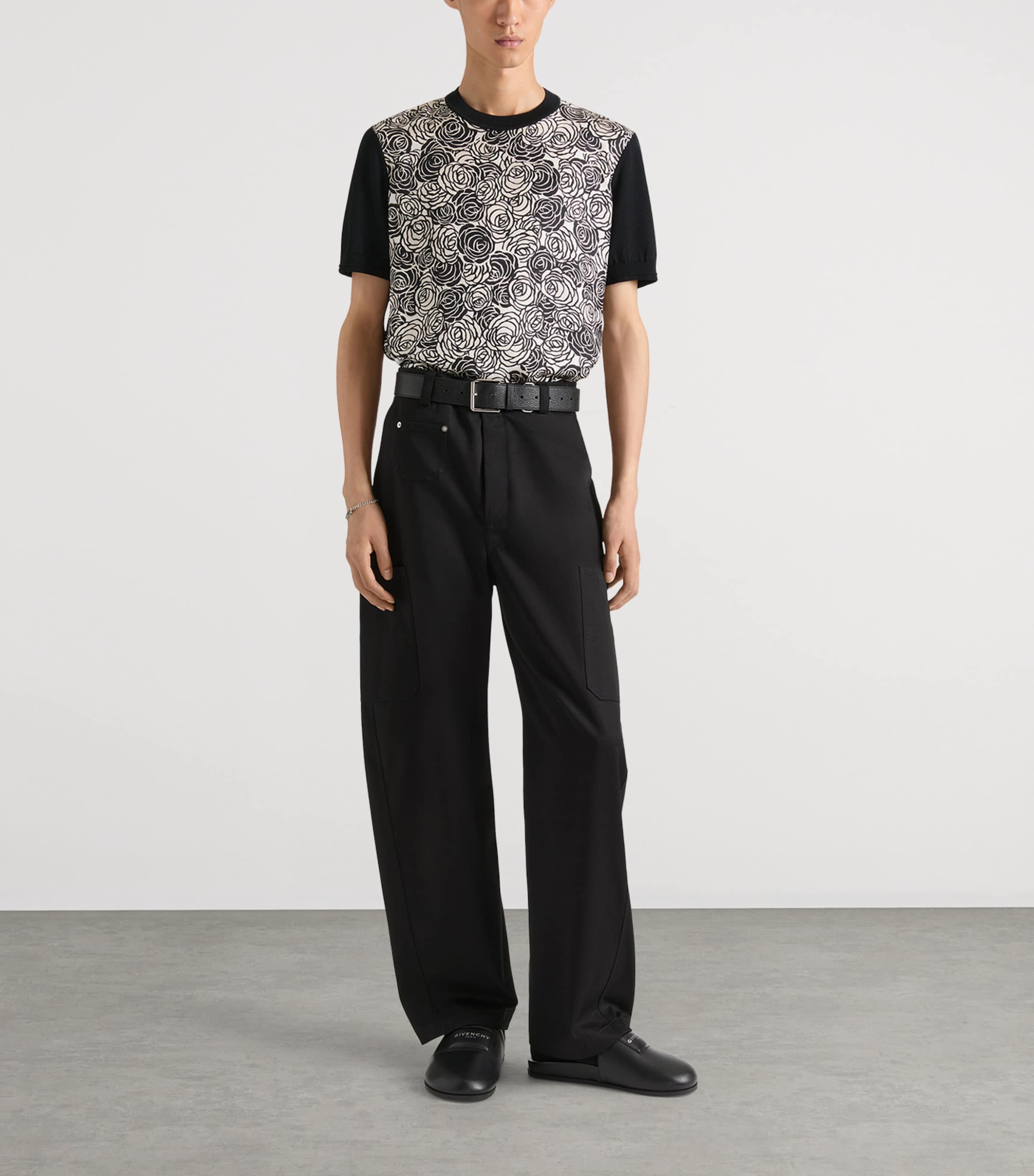 Cotton Floral Short-Sleeve Sweater BLACK/IVORY Image 2