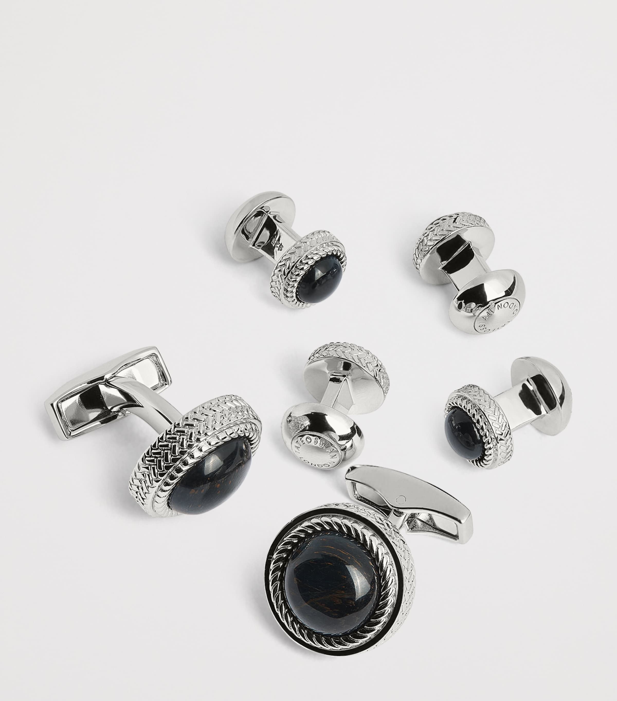 Sterling Silver and Onyx Herringbone Cufflinks and Studs Set BLUE Image 5