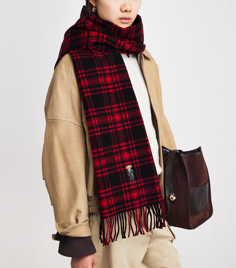 Wool Check Polo Bear Scarf RED Image 3