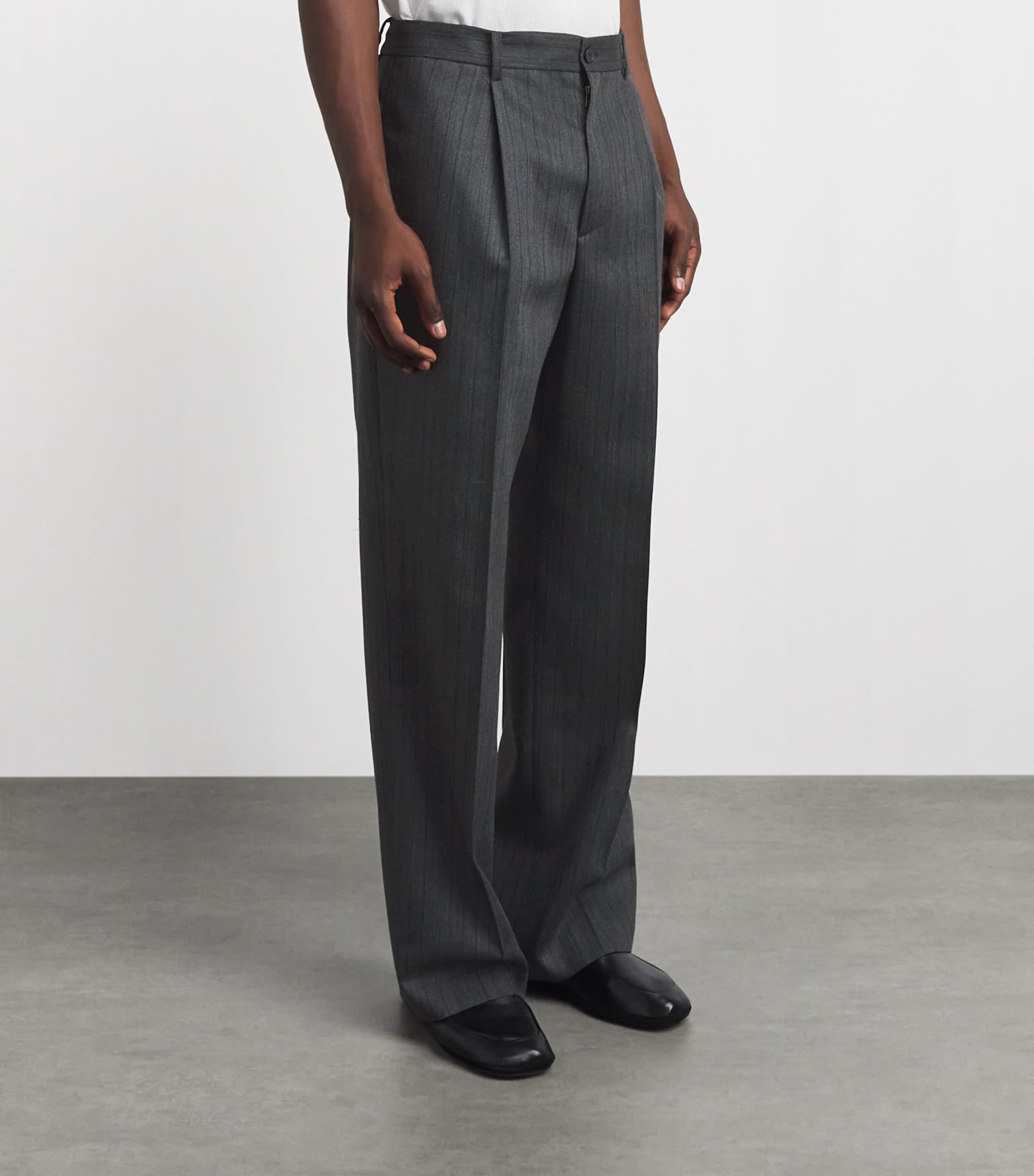 FRAME Mens Wool Pinstripe Wide-Leg Trousers Gyst Grey Stripe Image 4