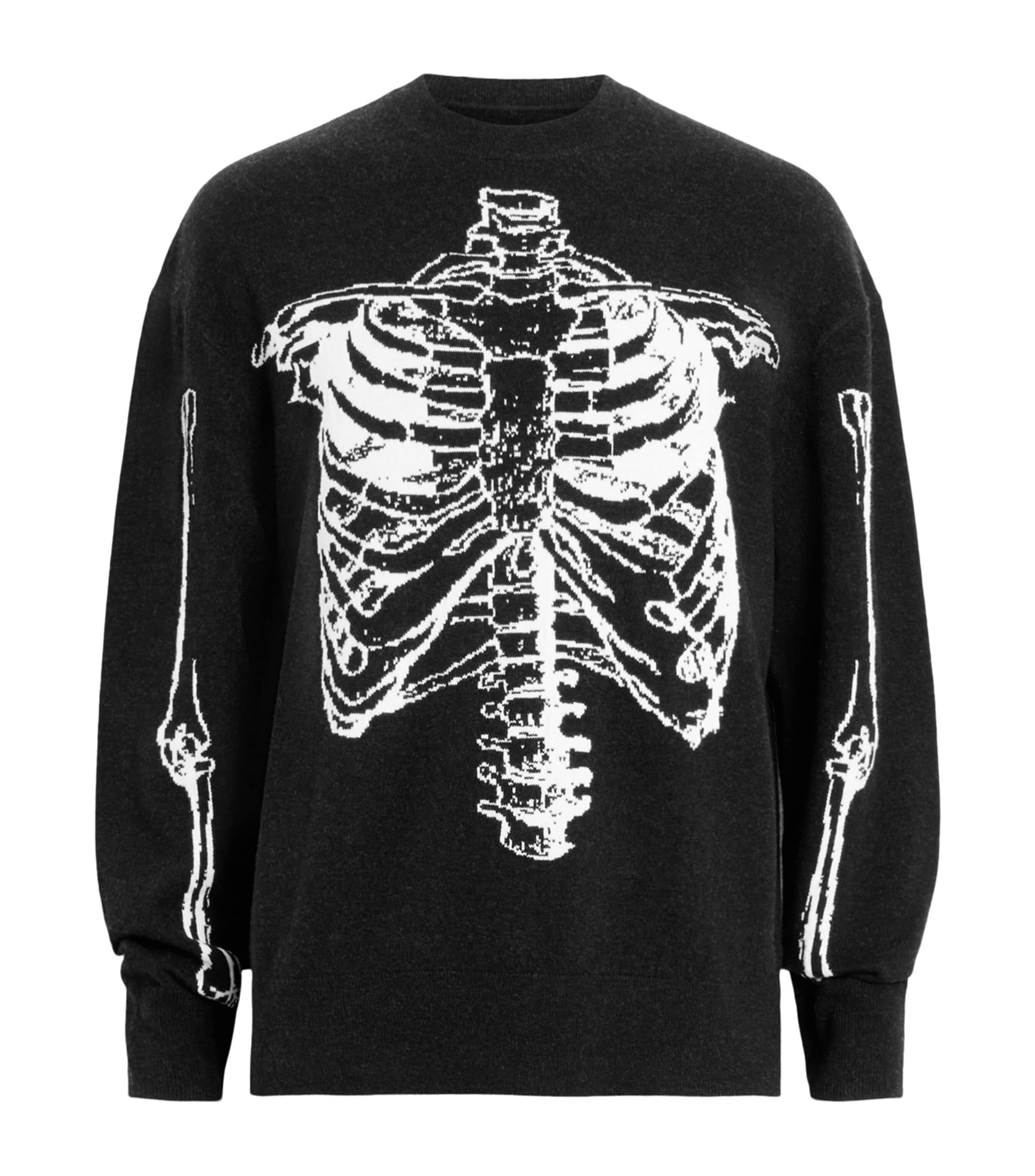Allsaints Mens Black Skelli Graphic-print Long-sleeve Wool-blend Jumper Xs In Black