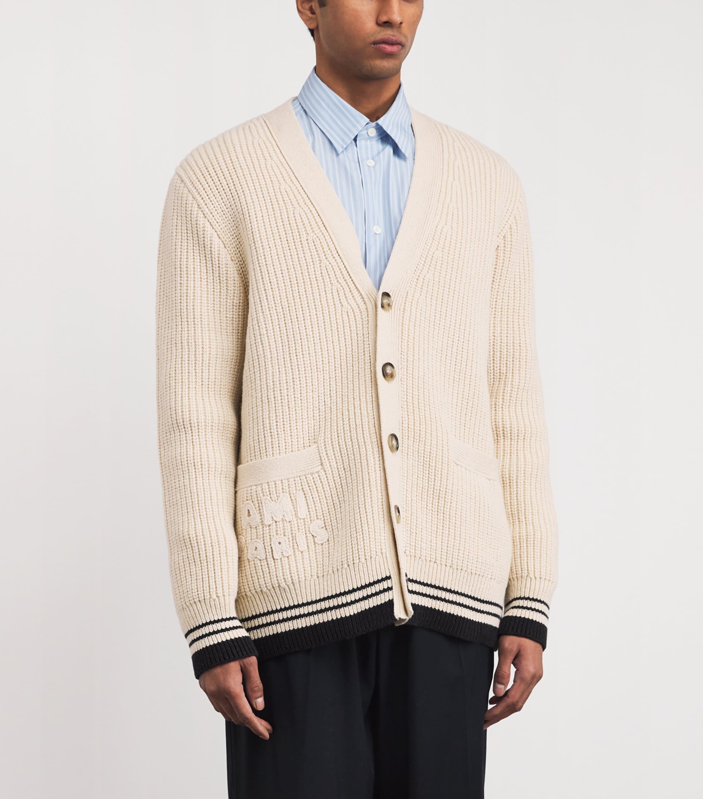 Wool Ribbed Logo Cardigan 136 BLANC CREME Image 3