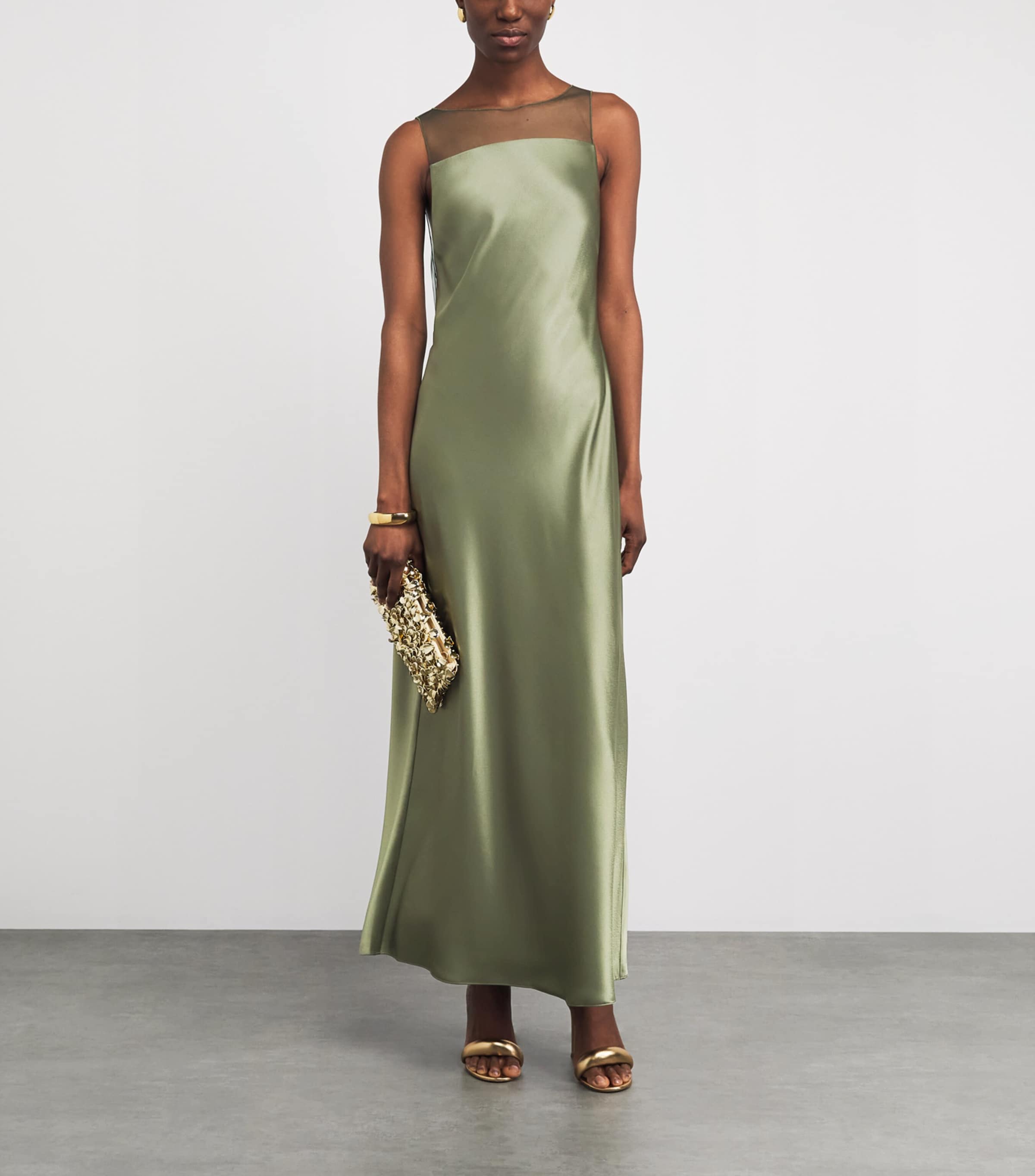 Polo Ralph Lauren Womens Satin Sheer-Panel Maxi Dress Mountain Green Image 2