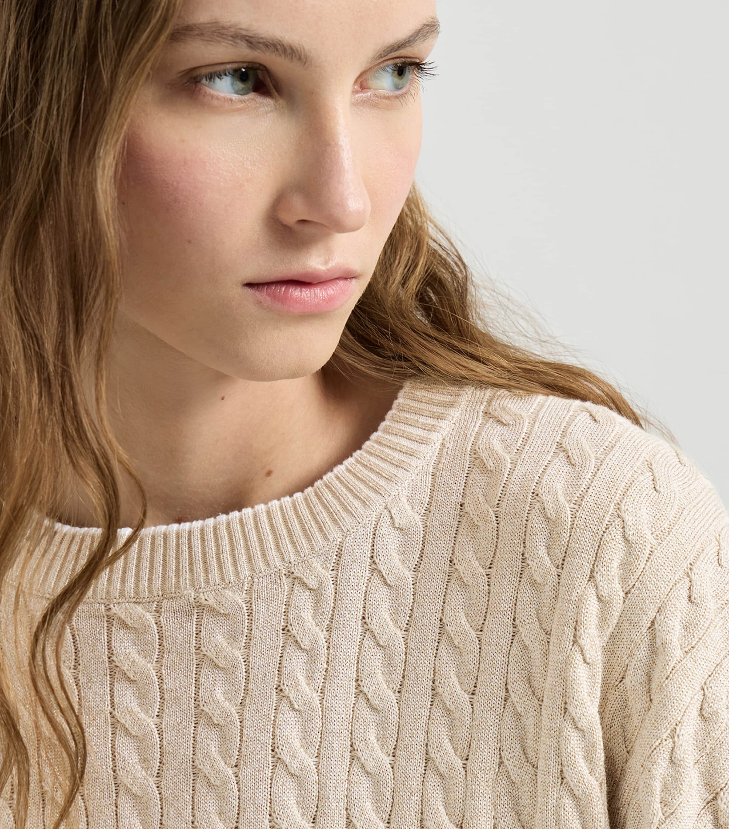 Brunello Cucinelli Womens Cable-Knit Sparkling Short-Sleeve Sweater Butter Image 6