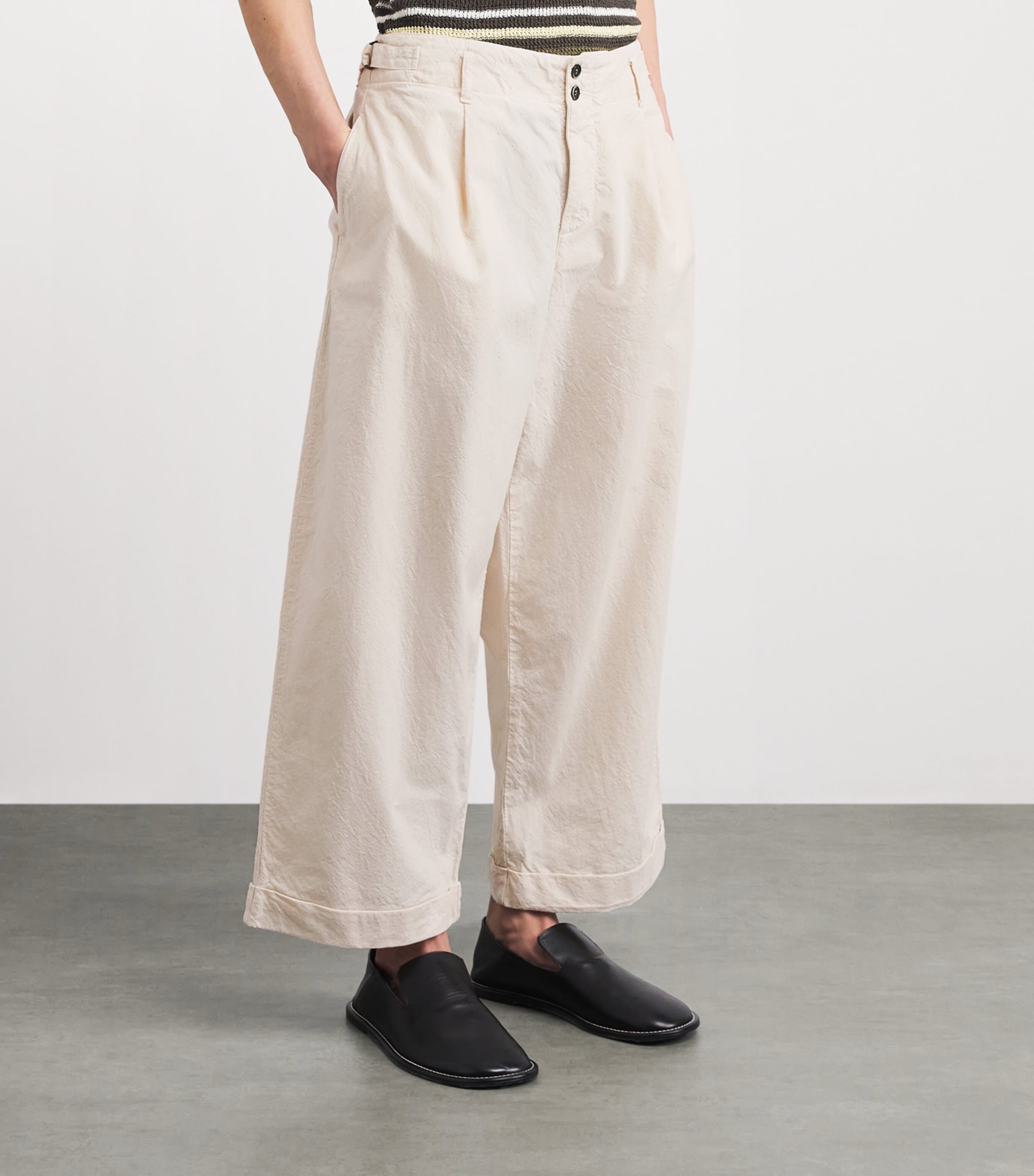 Barena Mens Cotton Crinkle Wide-Leg Trousers Ecru Image 4