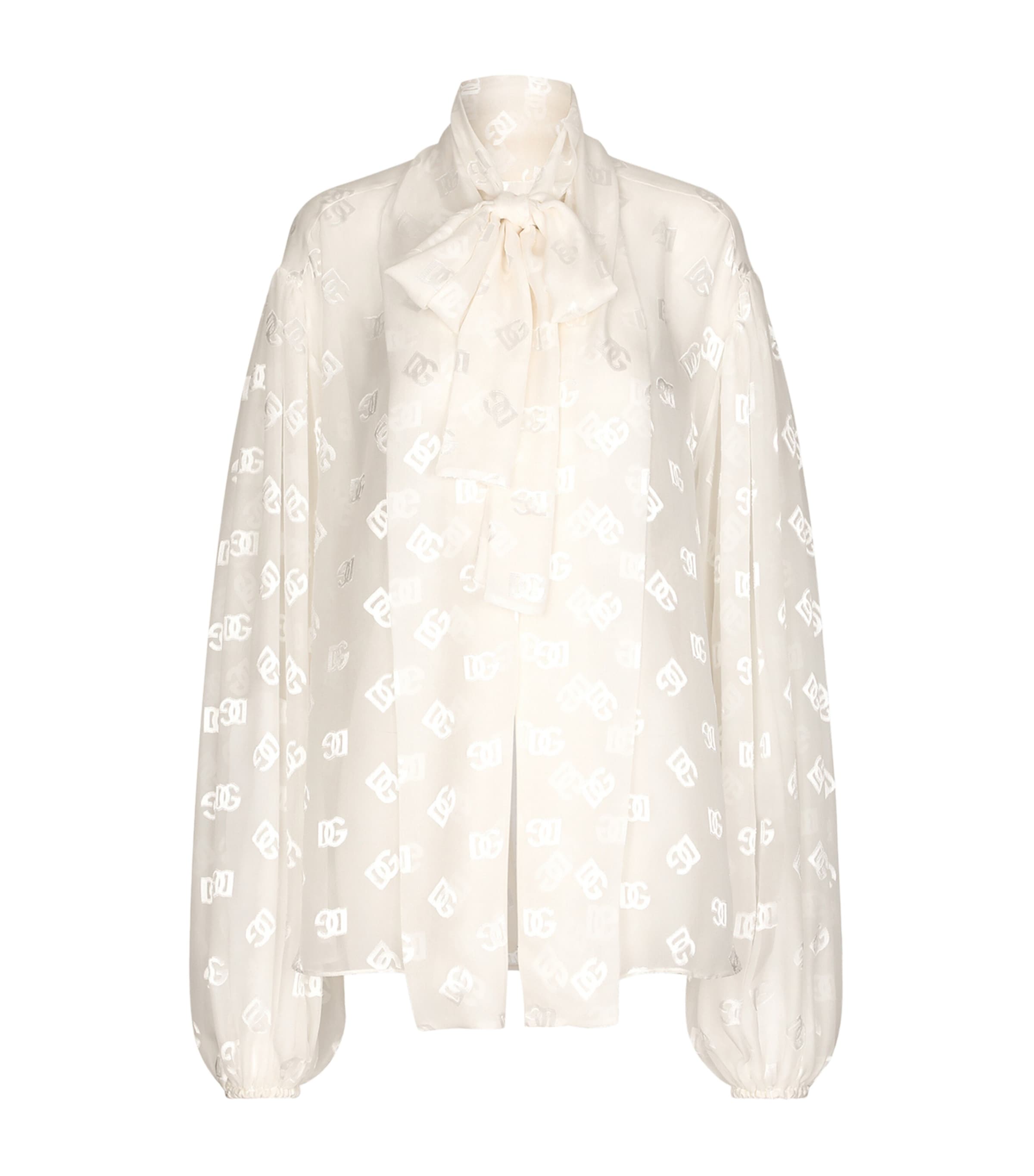 Dolce & Gabbana Devoré Satin Pussy-bow Shirt With All-over Dg Logo