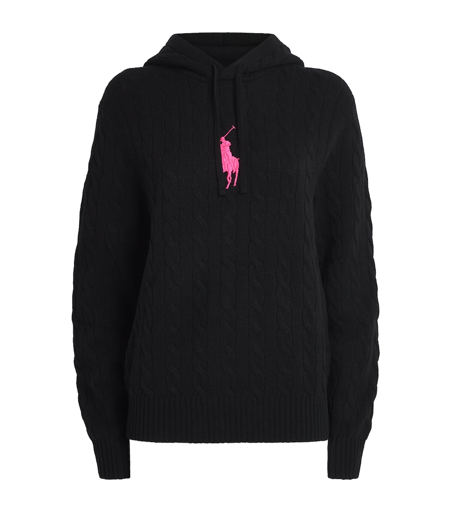 Wool-Cashmere Cable-Knit Pink Pony Hoodie POLO BLACK Image 1