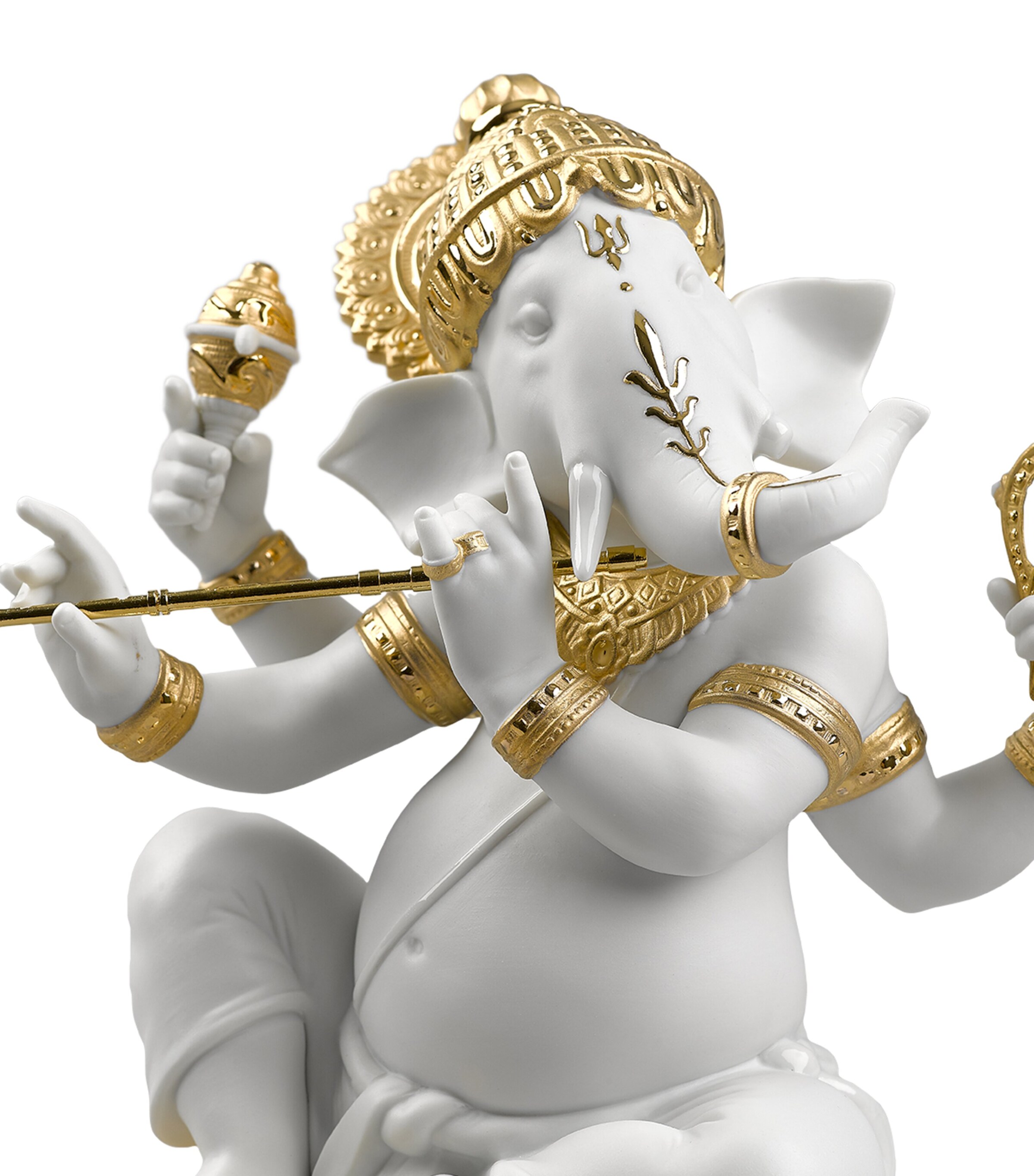 Lladró Porcelain Bansuri Ganesha Sculpture White & Gold Image 2