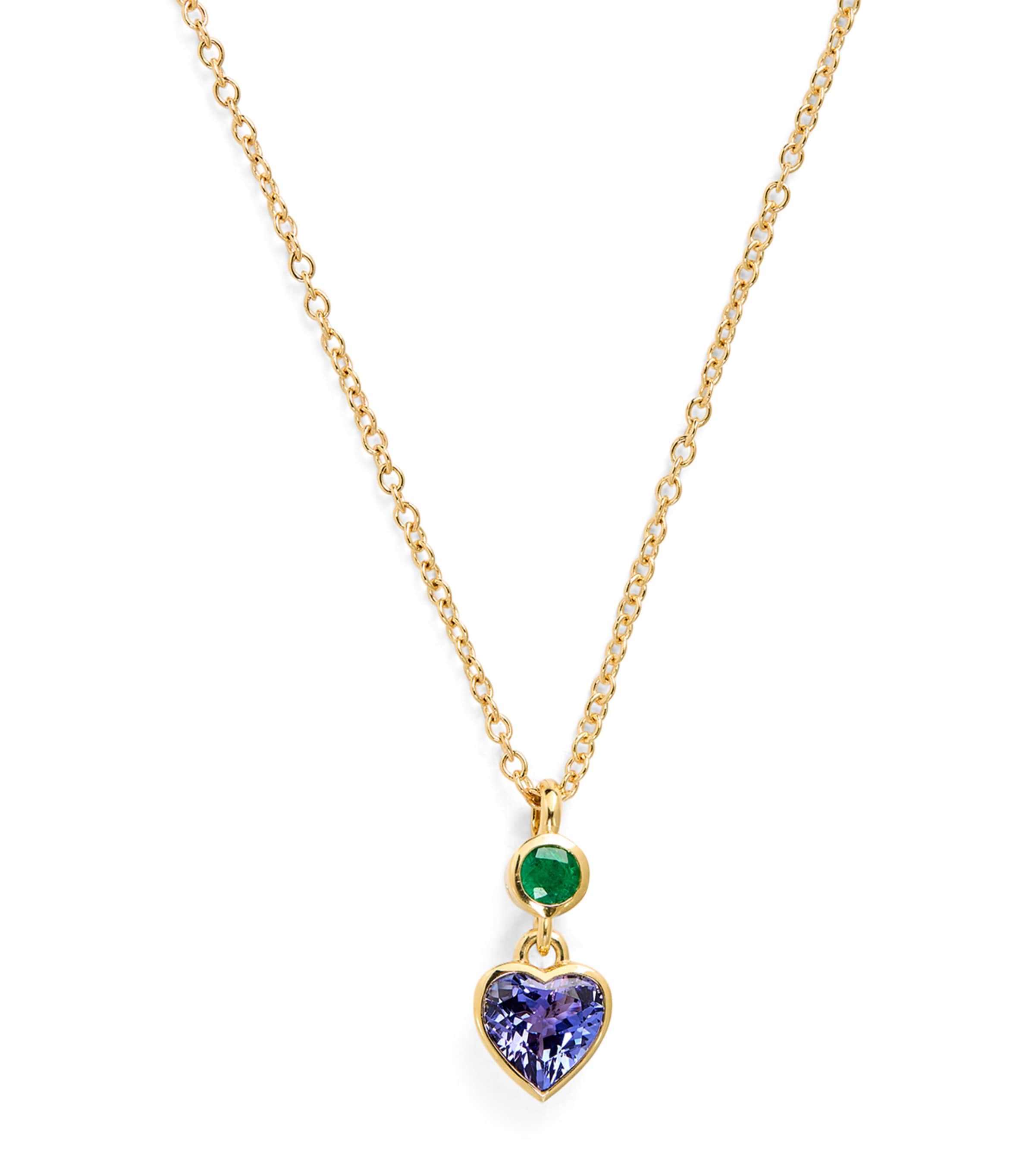 Emily P. Wheeler Yellow Gold, Emerald and Tanzanite Blue Heart Necklace | Fine Jewellery | Fine Necklaces | Pendants | Designers | Emily P. Wheeler