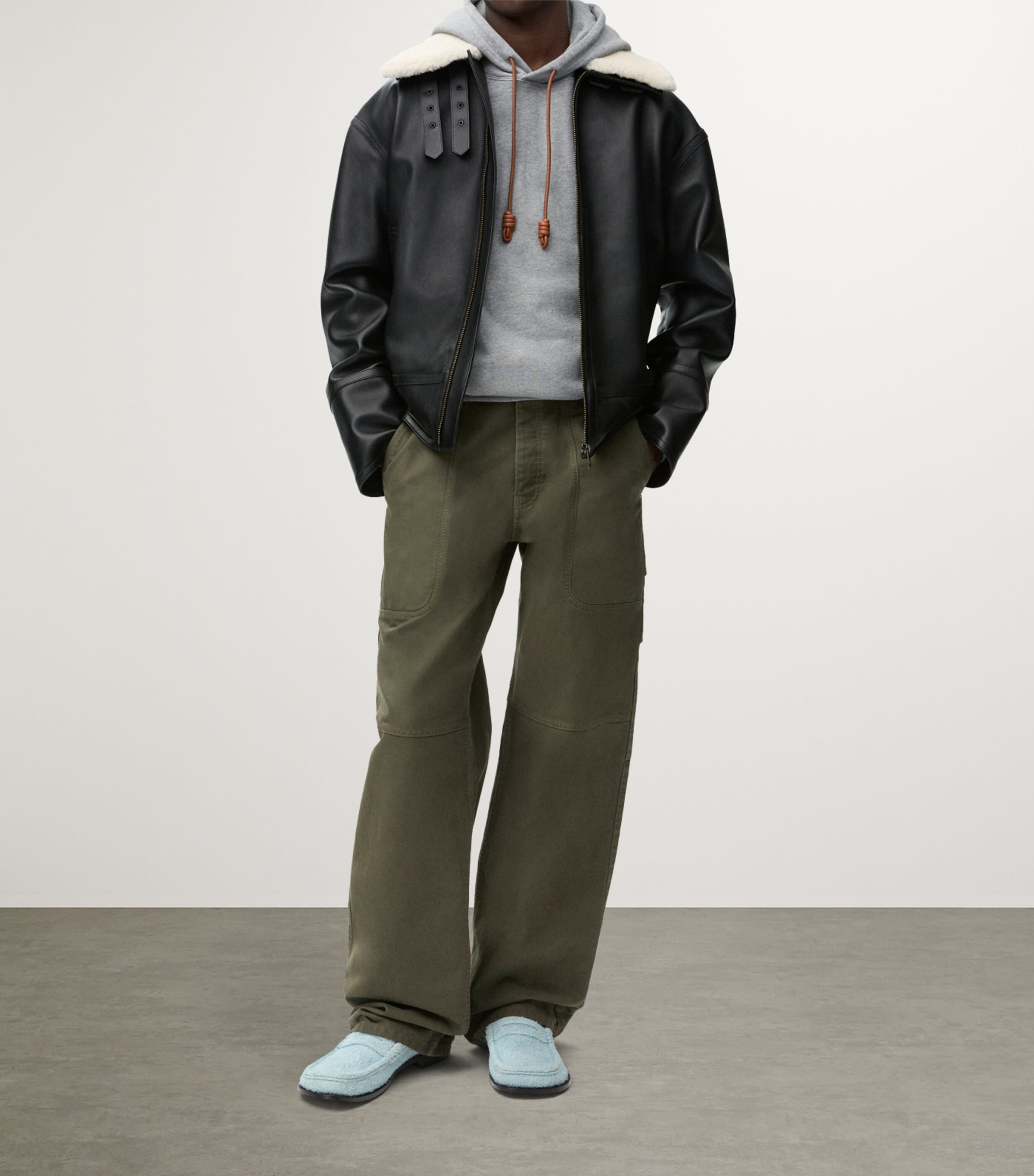 Leather Shearling-Collar Aviator Jacket BLACK Image 2