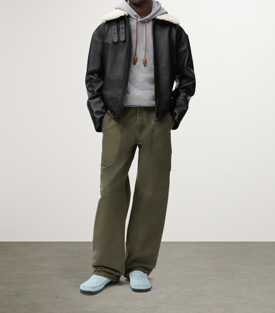 Leather Shearling-Collar Aviator Jacket BLACK Image 2