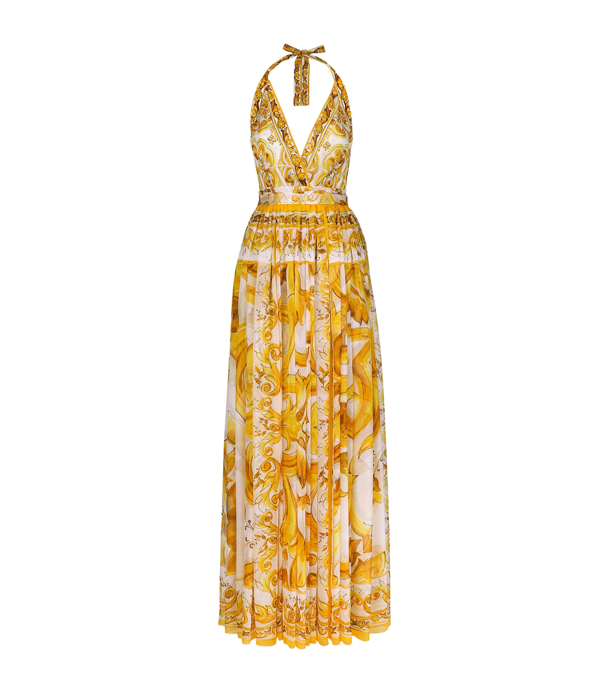 Dolce & Gabbana Silk Majolica Maxi Dress In Yellow