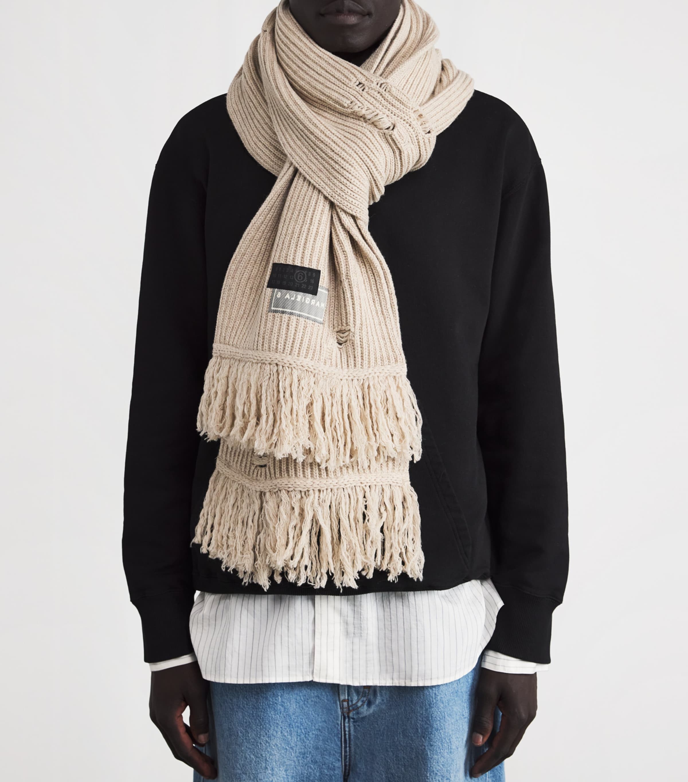 【関税込み】Scarf - MM6 Maison Margiela - Wool - Beige MM6 Maison Margiela Wool-Blend Distressed Scarf | Harrods DK